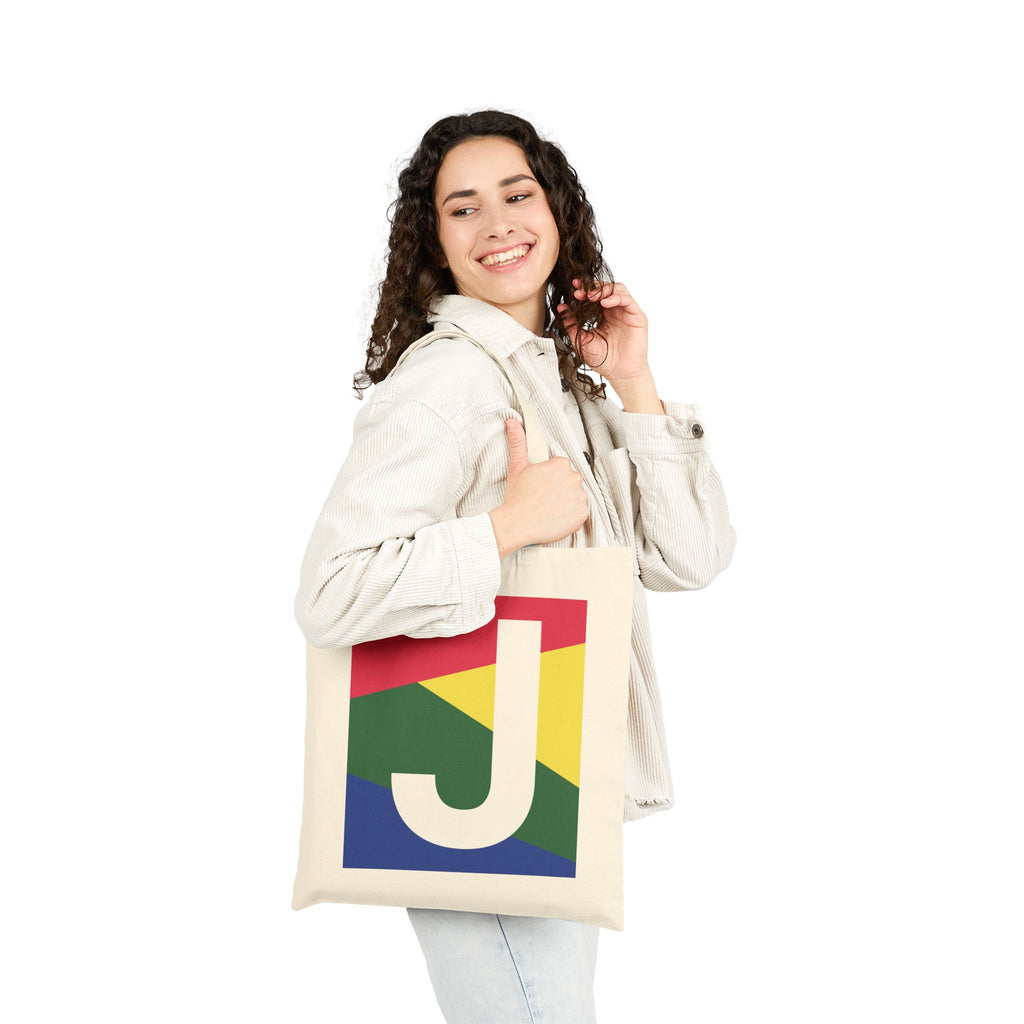 Initial J Colorblock Canvas Tote Bag — Monogram Letter J Reusable Grocery Tote