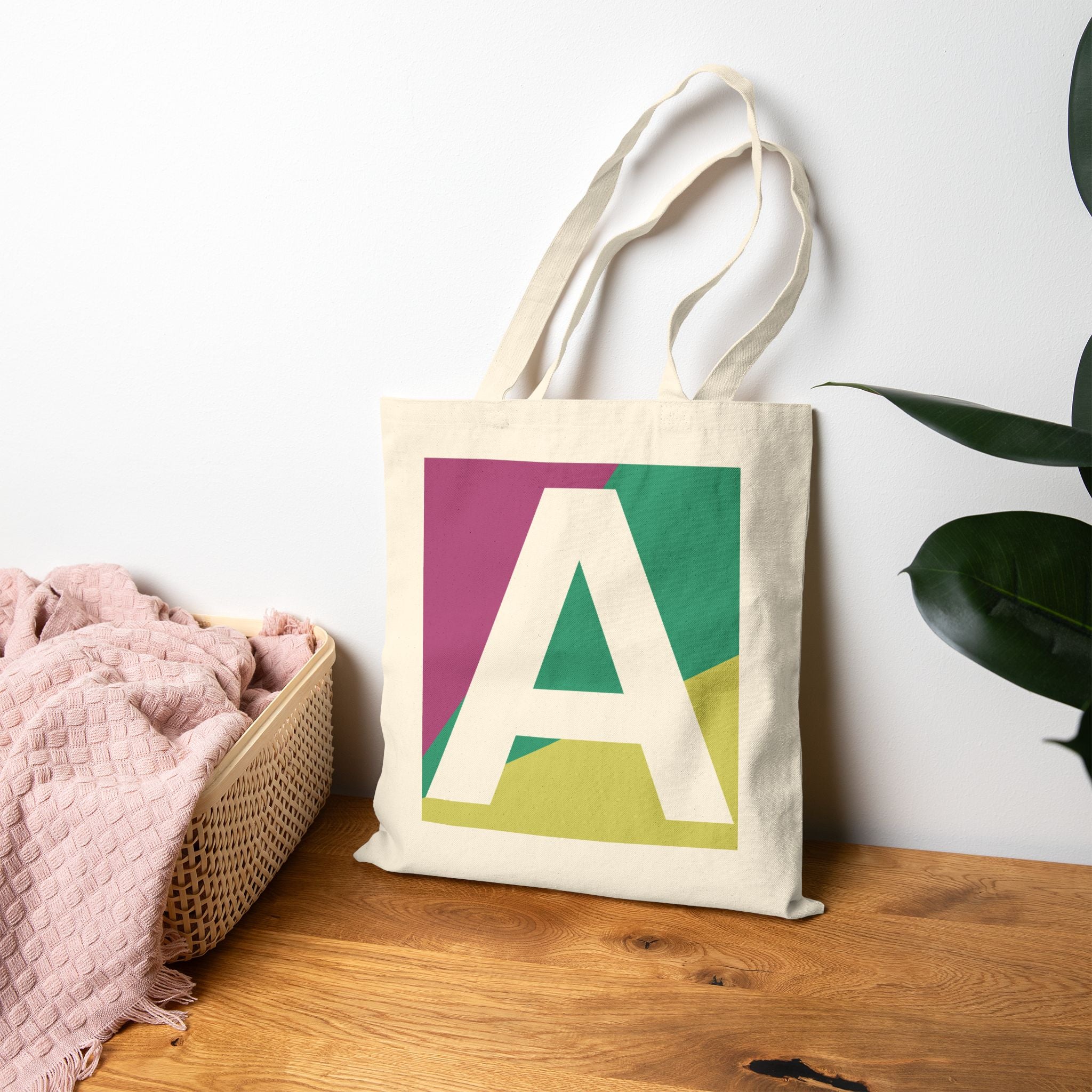 Initial A Colorblock Canvas Tote Bag — Monogram Letter A Reusable Grocery Tote