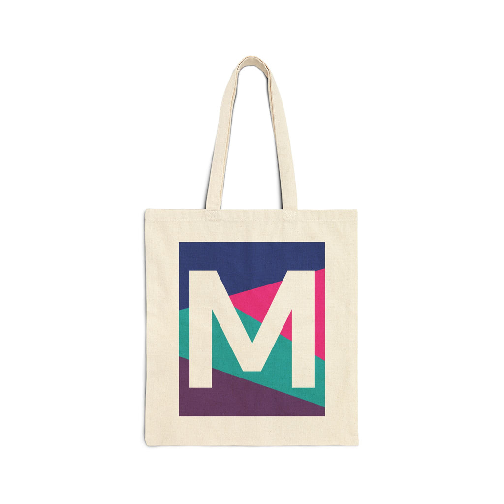 Initial M Colorblock Canvas Tote Bag — Monogram Letter M Reusable Grocery Tote