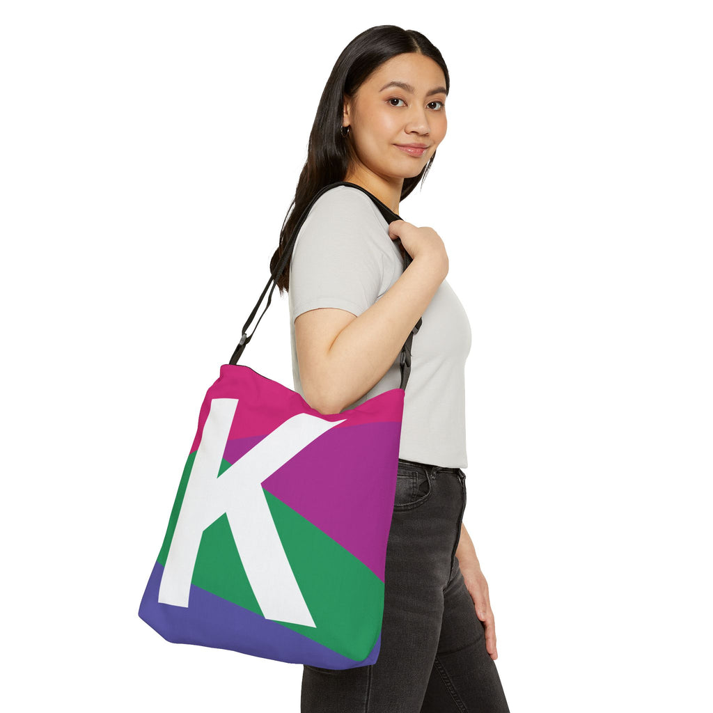 Initial Letter 'K' Colorblock Adjustable Tote Bag — Monogram Alphabet Shoulder Bag