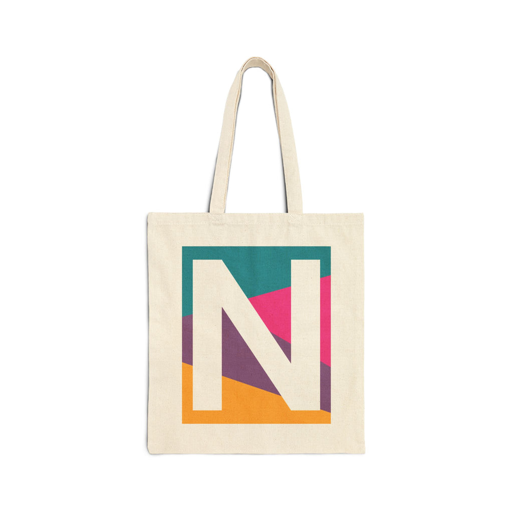 Initial N Colorblock Canvas Tote Bag — Monogram Letter N Reusable Grocery Tote