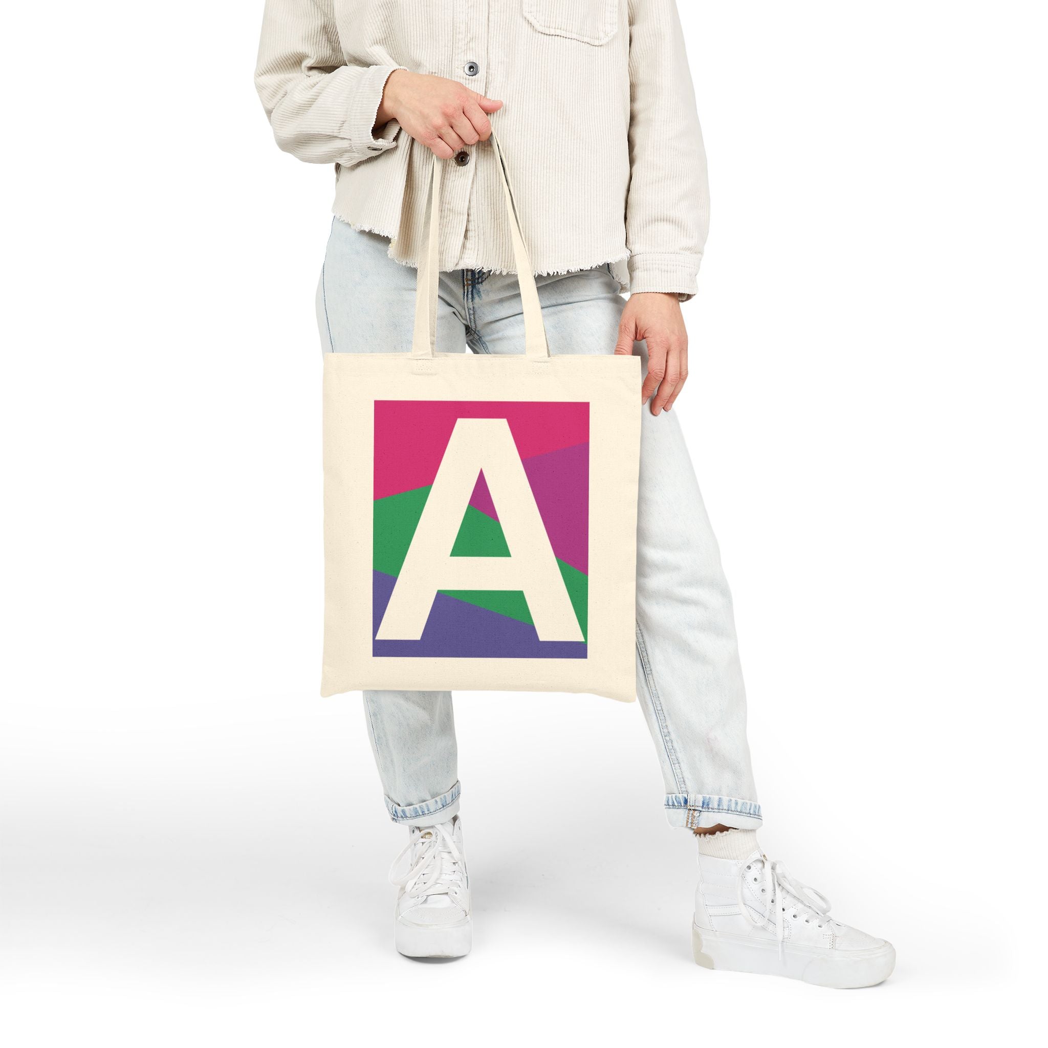 Initial A Colorblock Canvas Tote Bag — Monogram Letter A Reusable Grocery Tote