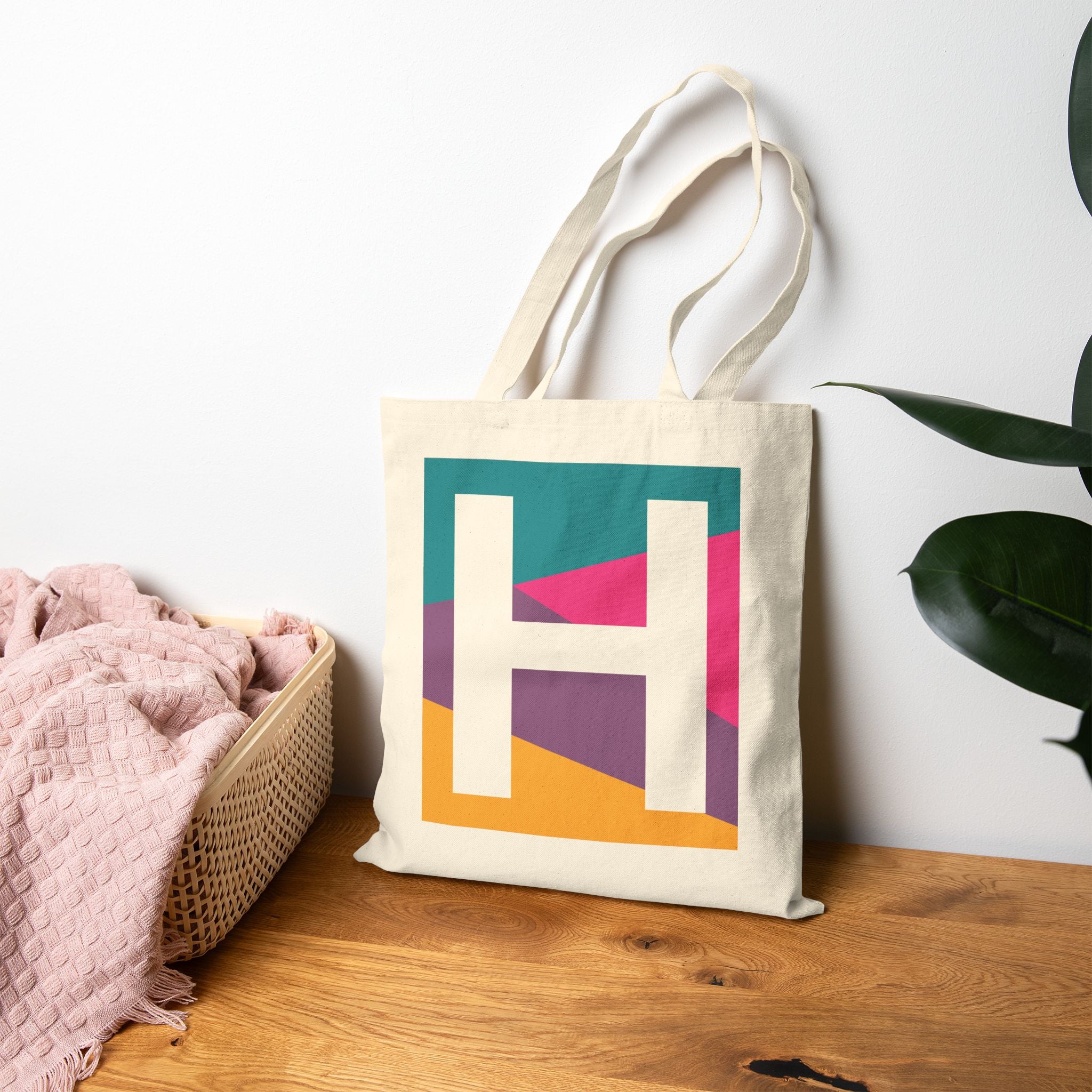 Initial H Colorblock Canvas Tote Bag — Monogram Letter H Reusable Grocery Tote