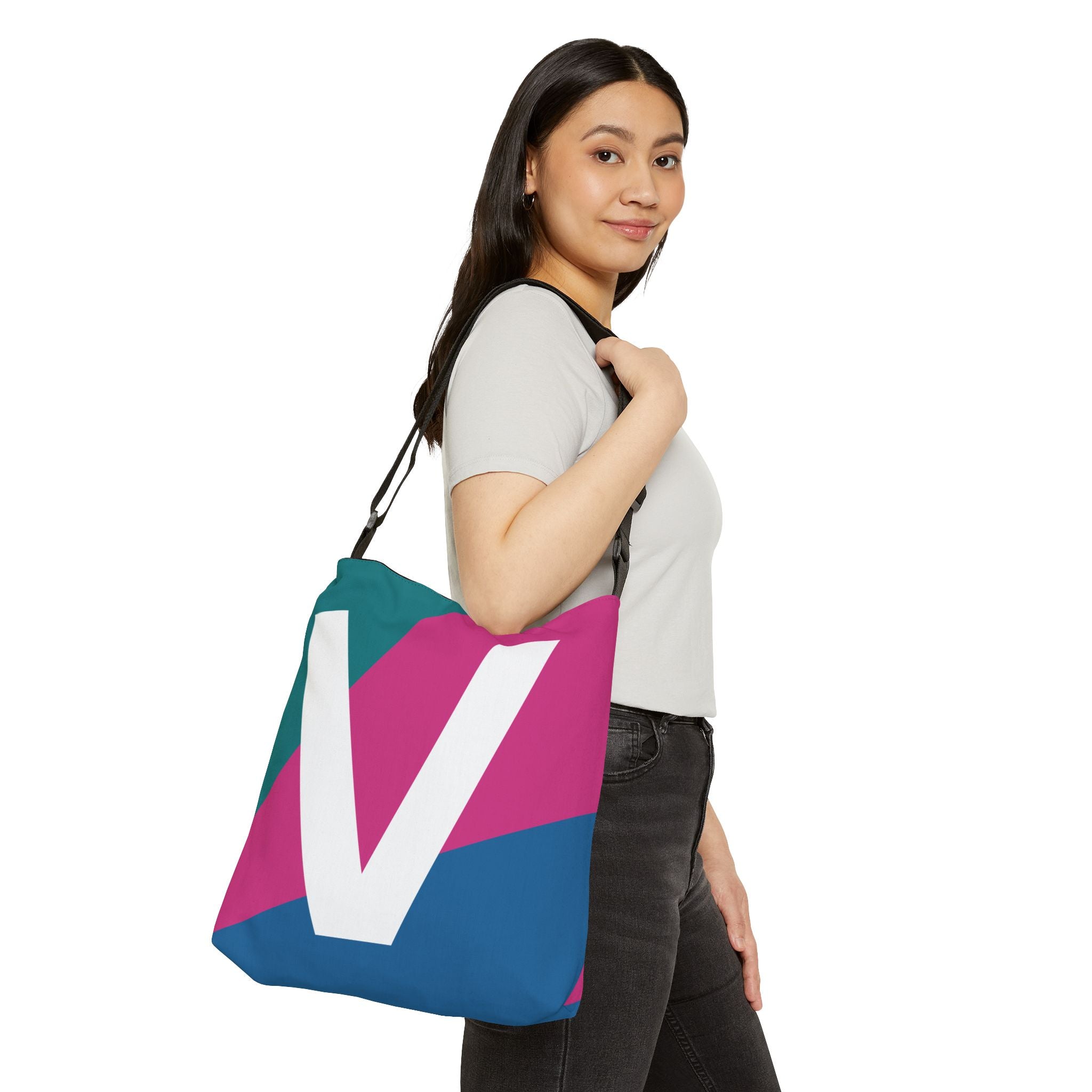 Initial Letter 'V' Colorblock Adjustable Tote Bag — Monogram Alphabet Shoulder Bag