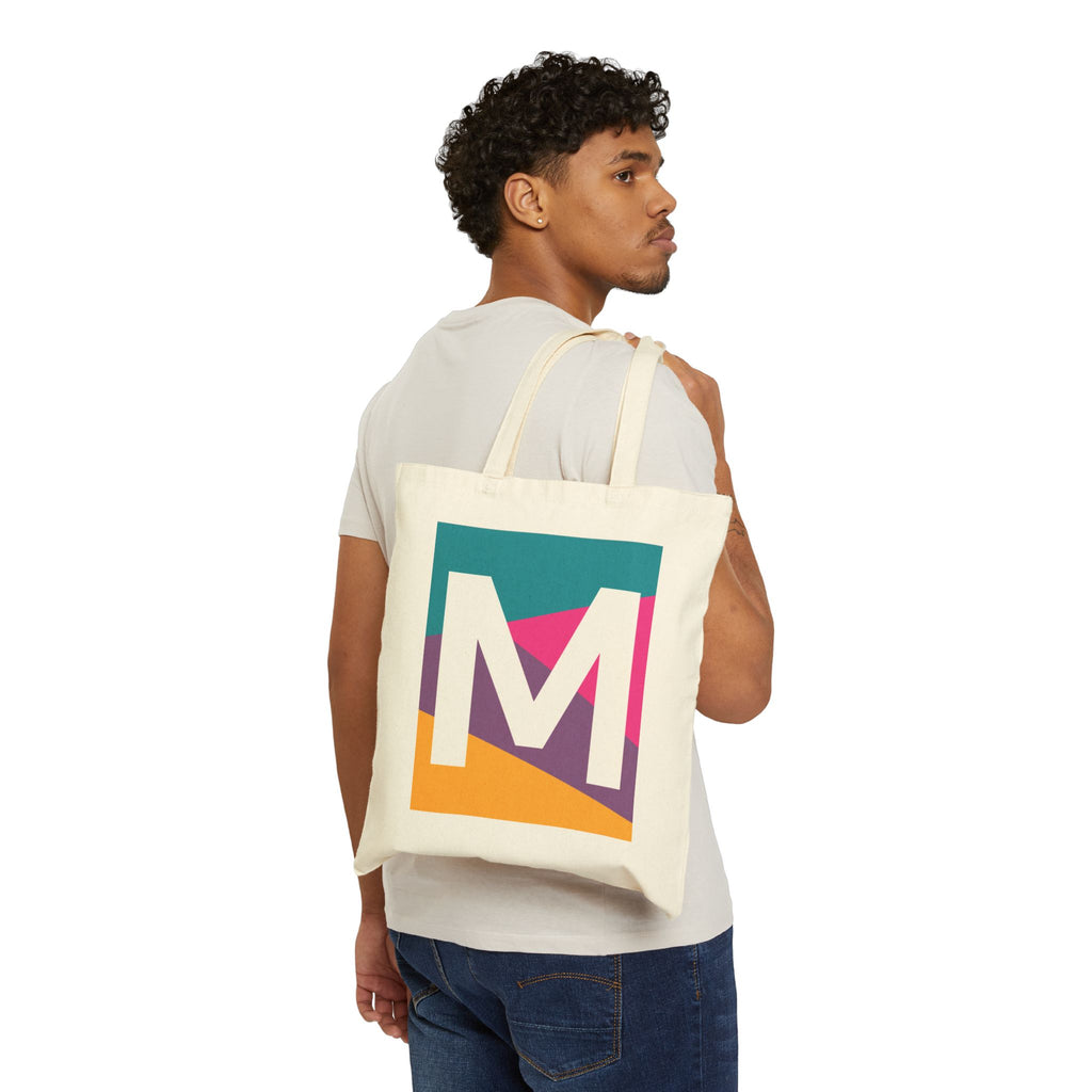 Initial M Colorblock Canvas Tote Bag — Monogram Letter M Reusable Grocery Tote