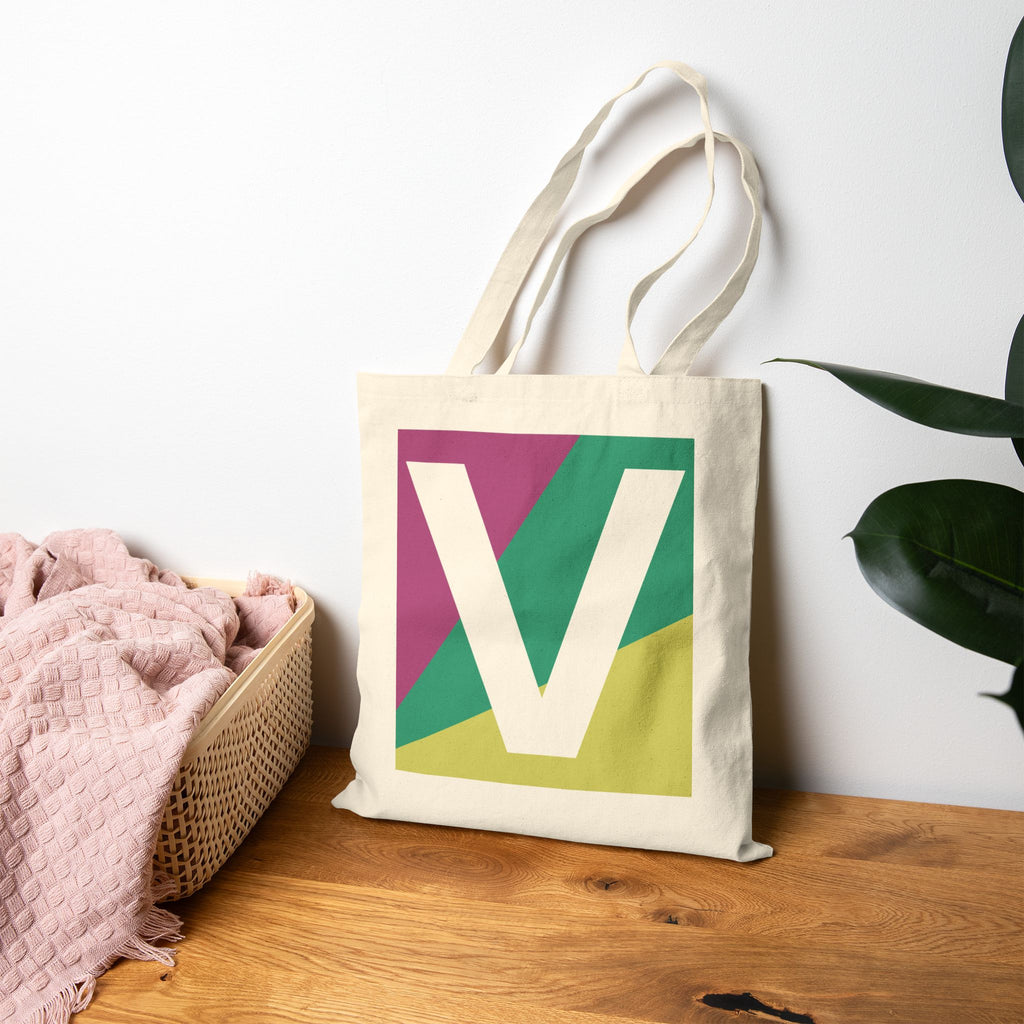 Initial V Colorblock Canvas Tote Bag — Monogram Letter V Reusable Grocery Tote