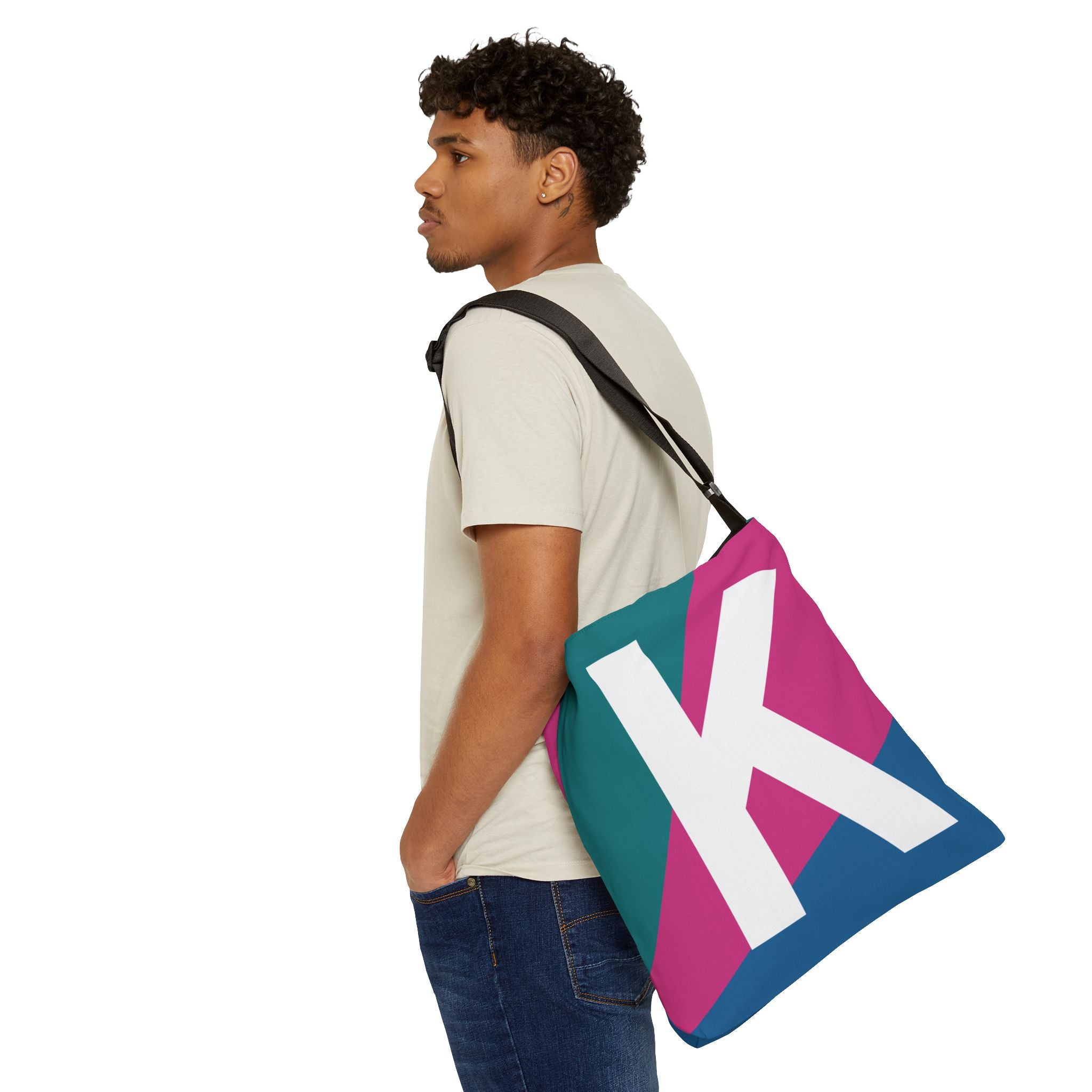 Initial Letter 'K' Colorblock Adjustable Tote Bag — Monogram Alphabet Shoulder Bag