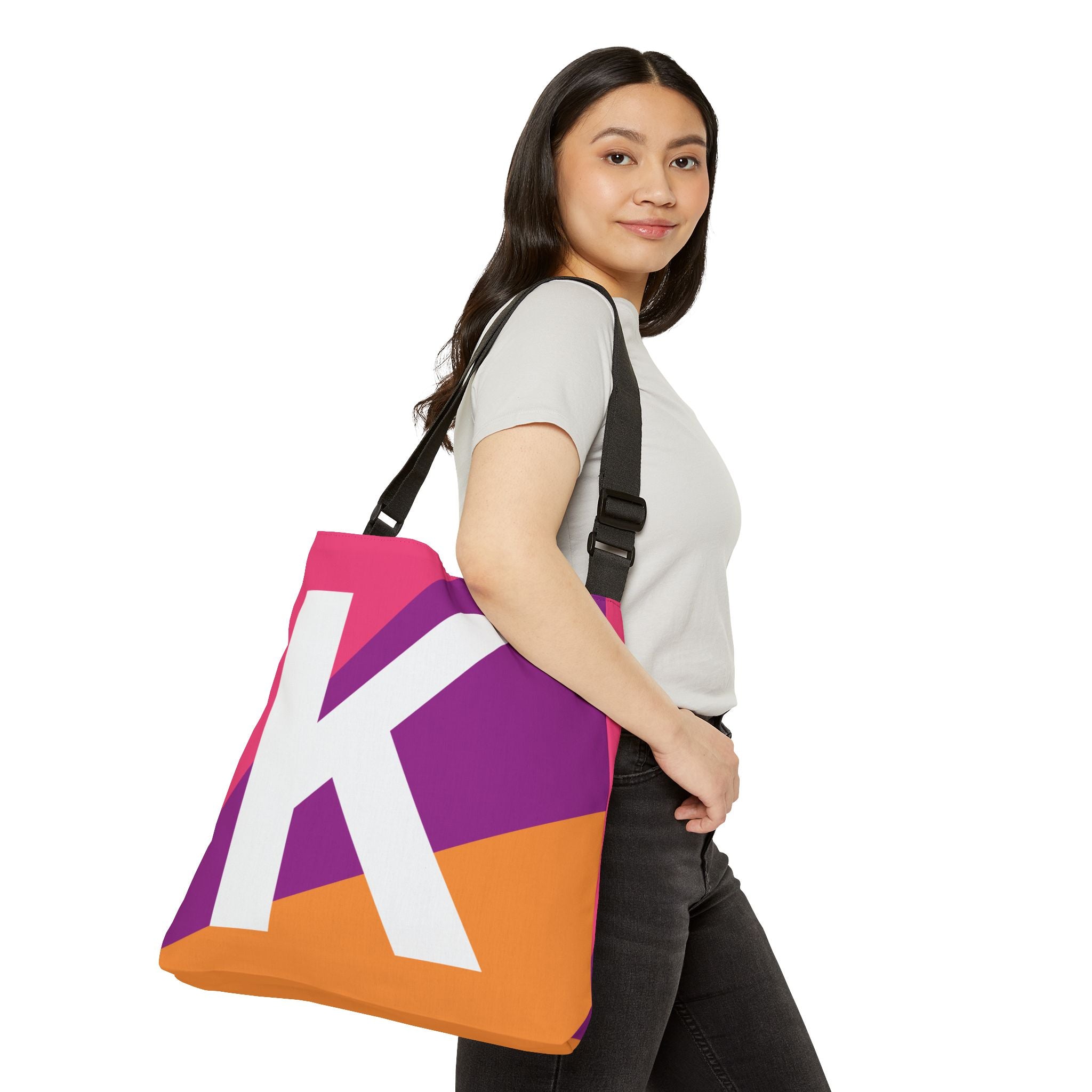 Initial Letter 'K' Colorblock Adjustable Tote Bag — Monogram Alphabet Shoulder Bag