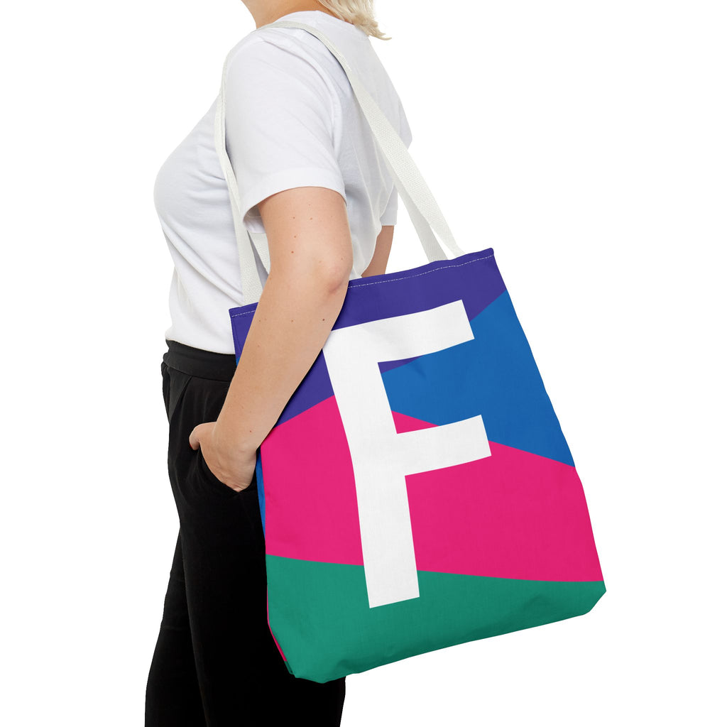 Monogram 'F' Colorblock Tote Bag — Personalized Initial F Shoulder Tote