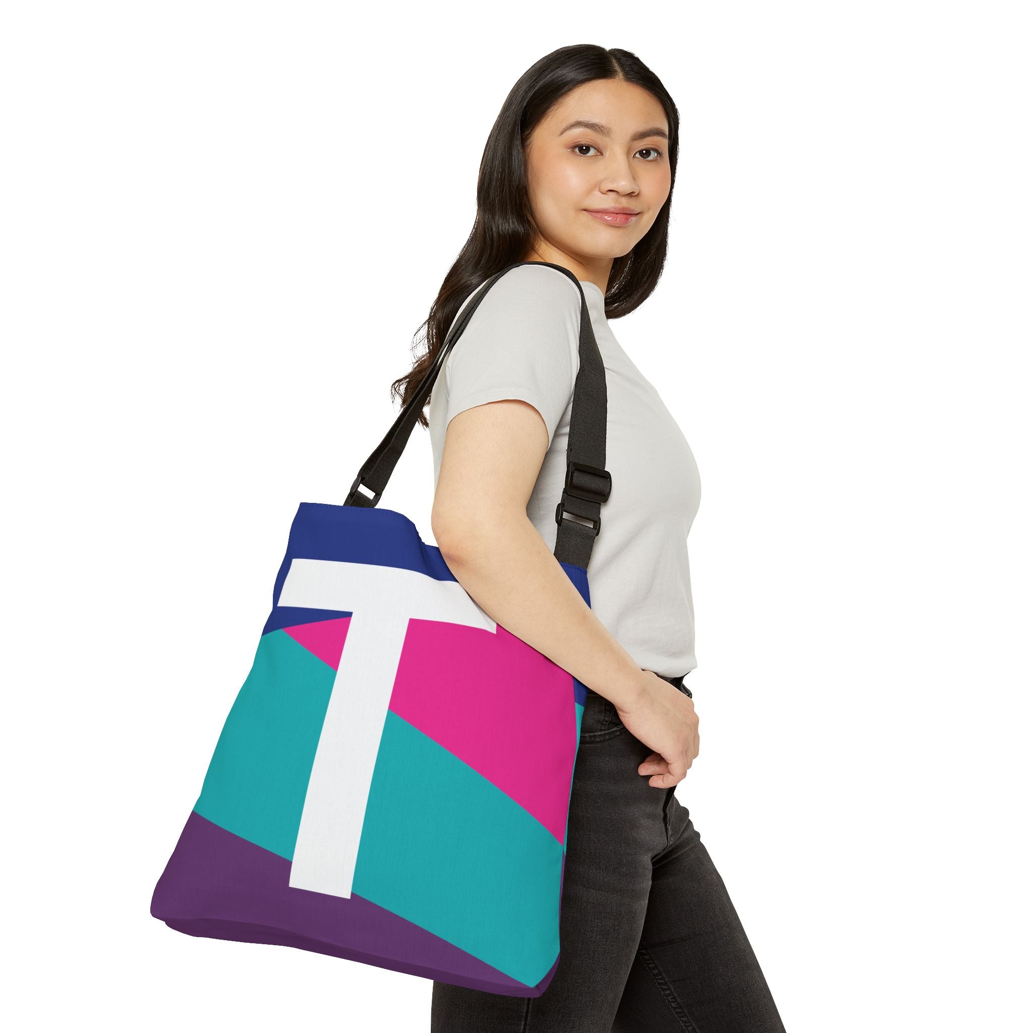 Initial Letter 'T' Colorblock Adjustable Tote Bag — Monogram Alphabet Shoulder Bag