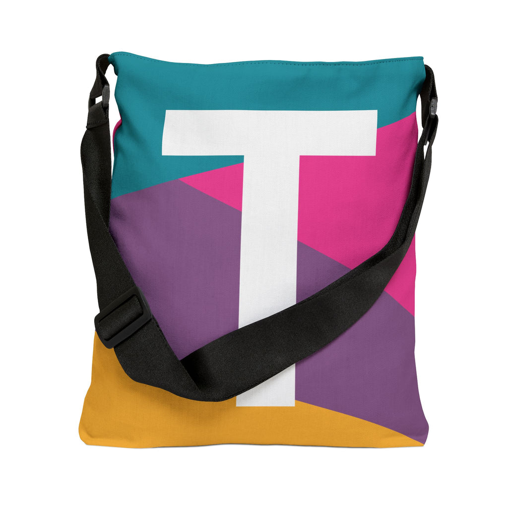Initial Letter 'T' Colorblock Adjustable Tote Bag — Monogram Alphabet Shoulder Bag