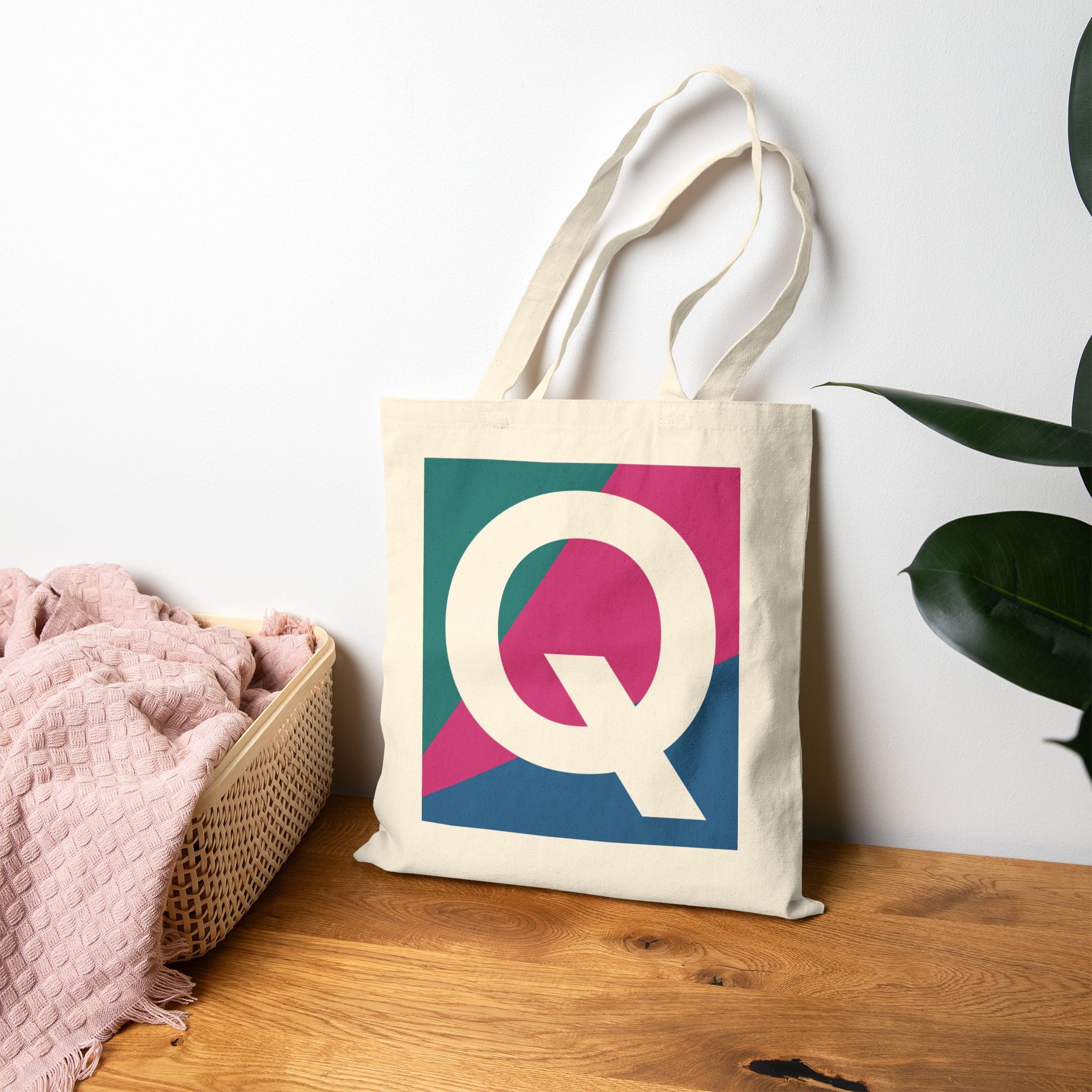 Initial Q Colorblock Canvas Tote Bag — Monogram Letter Q Reusable Grocery Tote