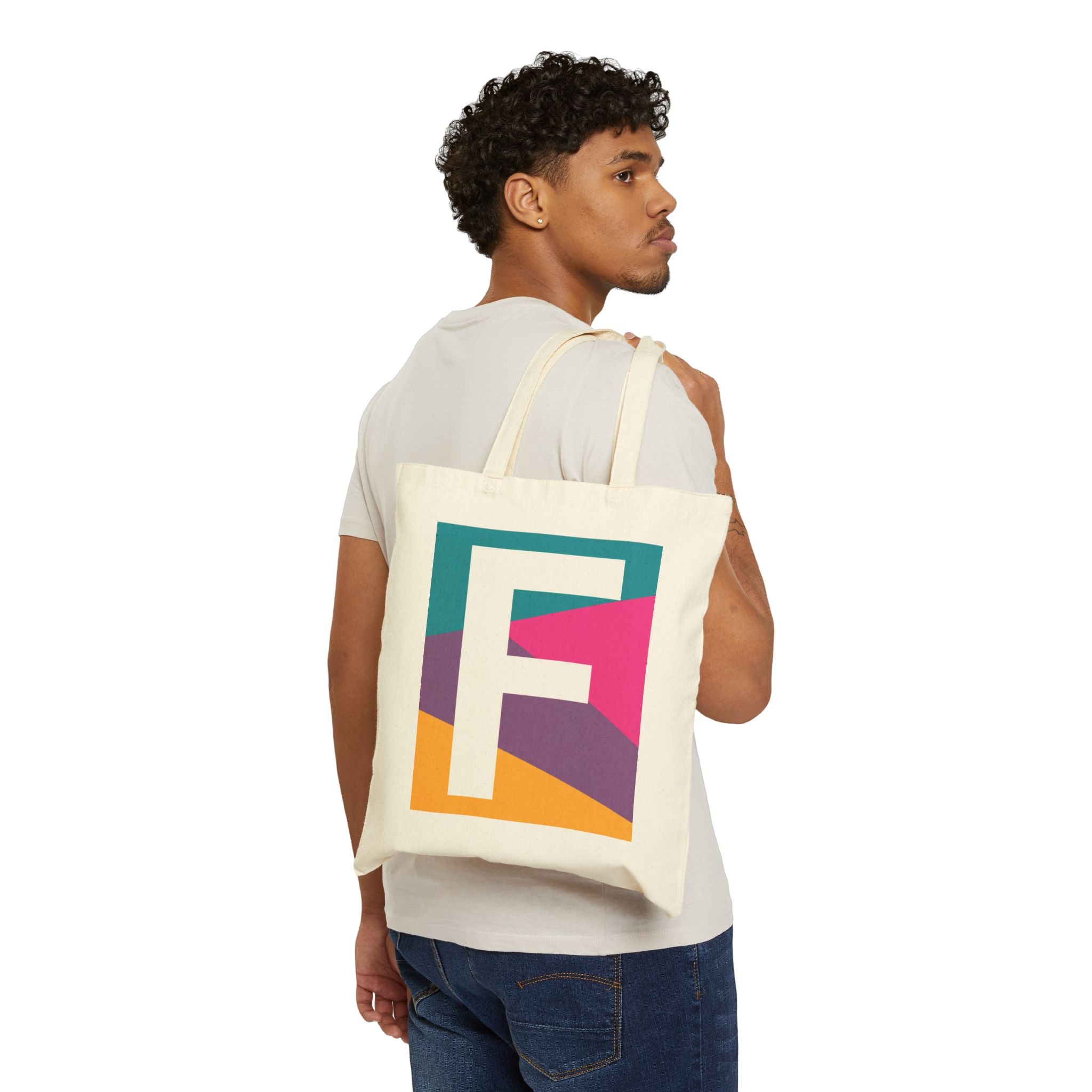 Initial F Colorblock Canvas Tote Bag — Monogram Letter F Reusable Grocery Tote