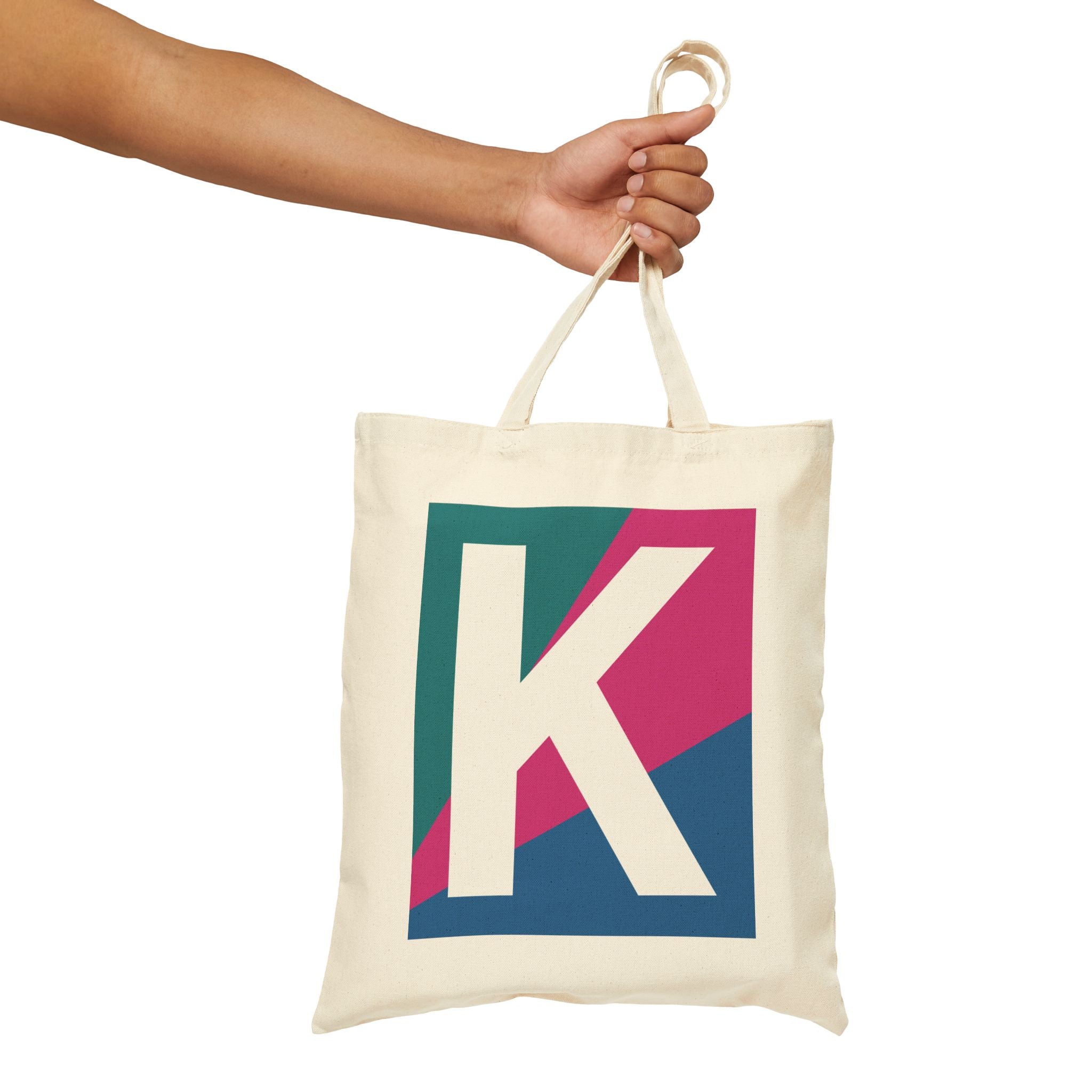 Initial K Colorblock Canvas Tote Bag — Monogram Letter K Reusable Grocery Tote