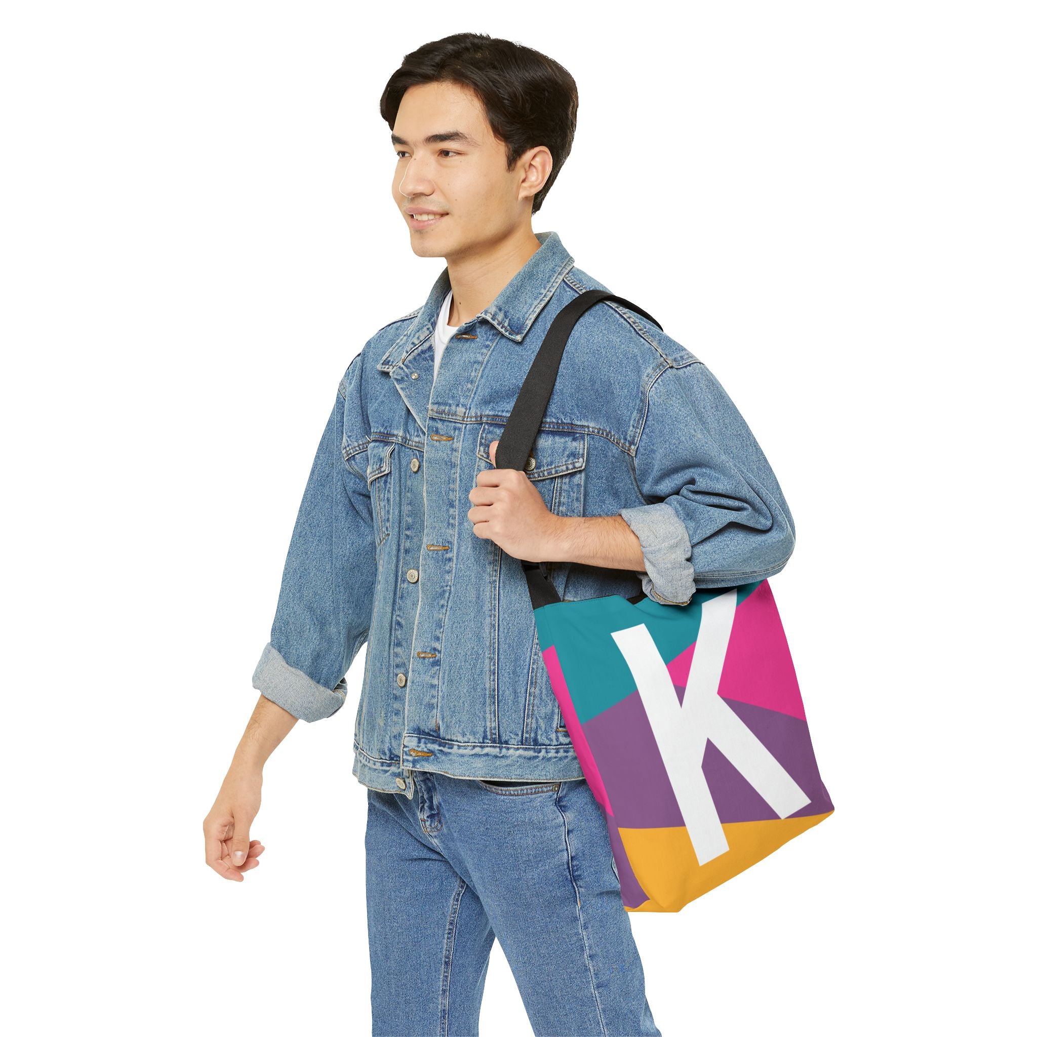 Initial Letter 'K' Colorblock Adjustable Tote Bag — Monogram Alphabet Shoulder Bag