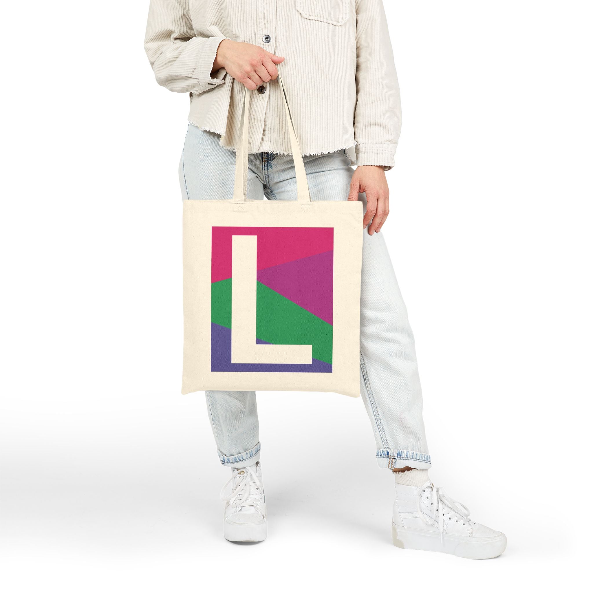 Initial L Colorblock Canvas Tote Bag — Monogram Letter L Reusable Grocery Tote