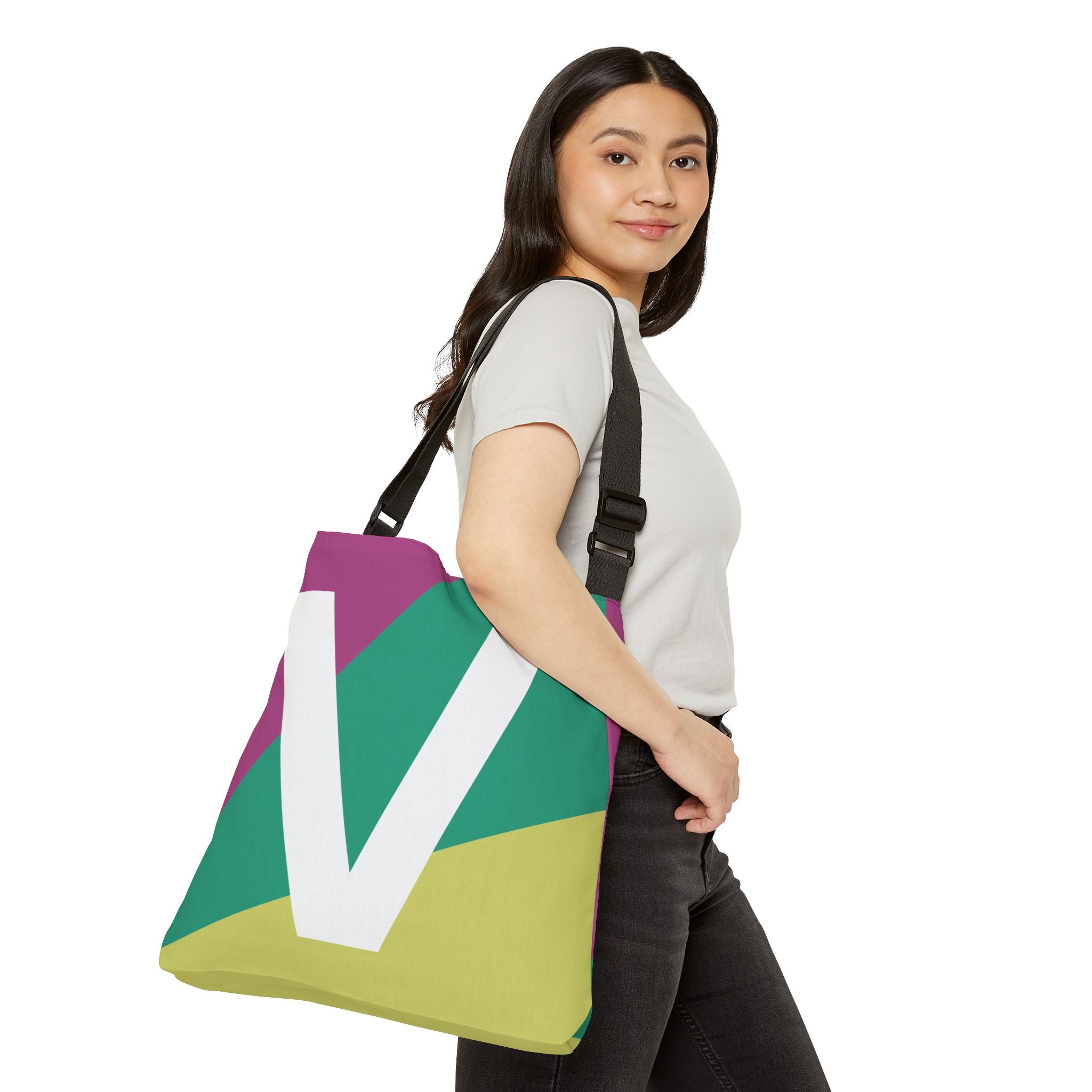 Initial Letter 'V' Colorblock Adjustable Tote Bag — Monogram Alphabet Shoulder Bag