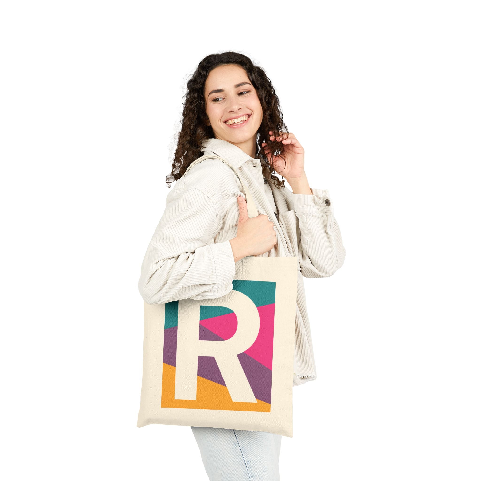 Initial R Colorblock Canvas Tote Bag — Monogram Letter R Reusable Grocery Tote