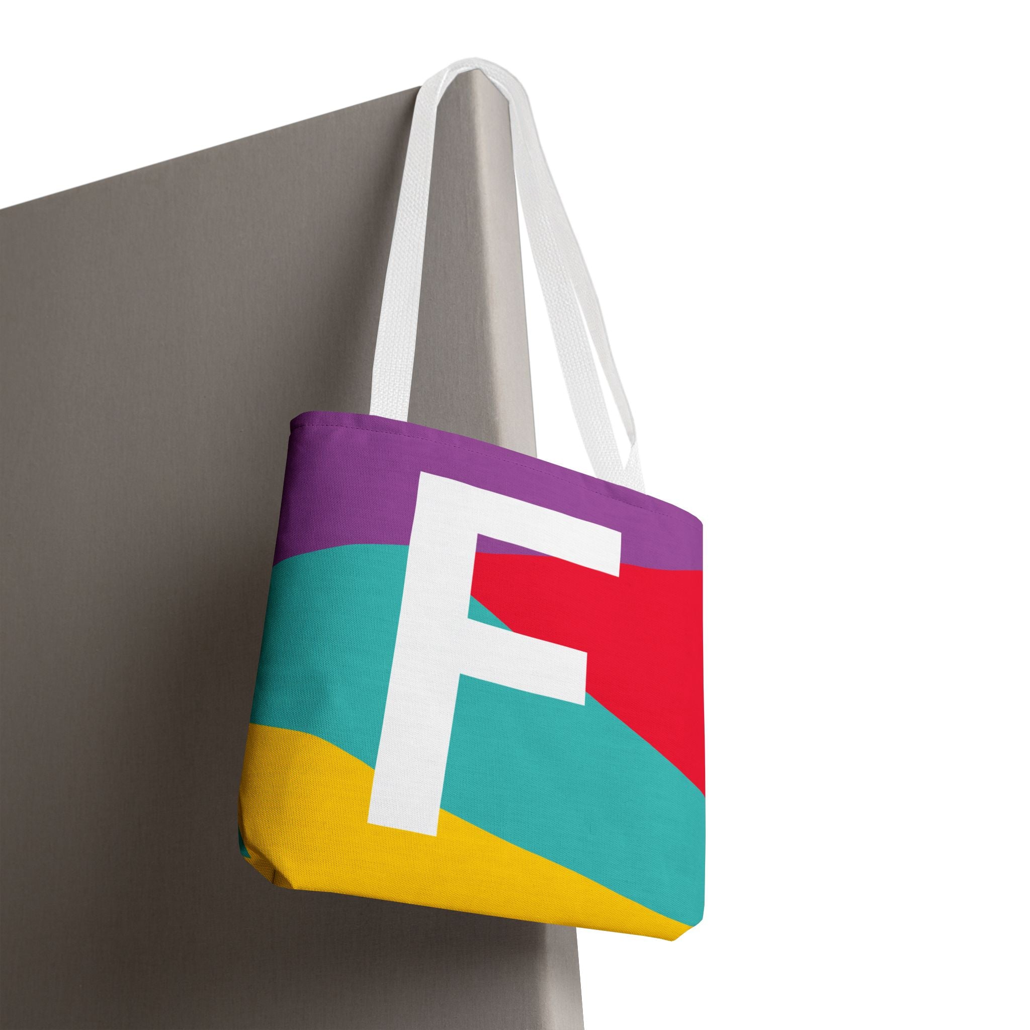 Monogram 'F' Colorblock Tote Bag — Personalized Initial F Shoulder Tote