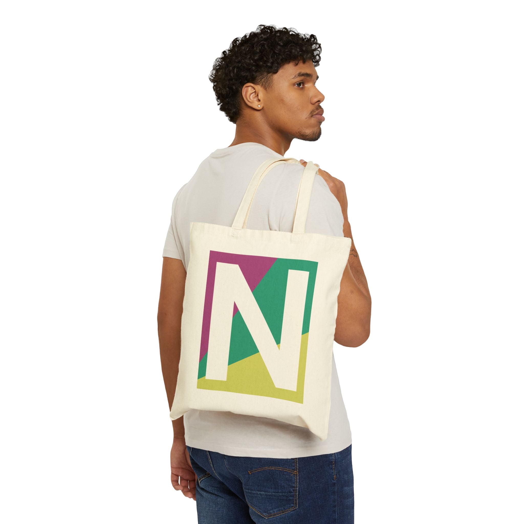 Initial N Colorblock Canvas Tote Bag — Monogram Letter N Reusable Grocery Tote