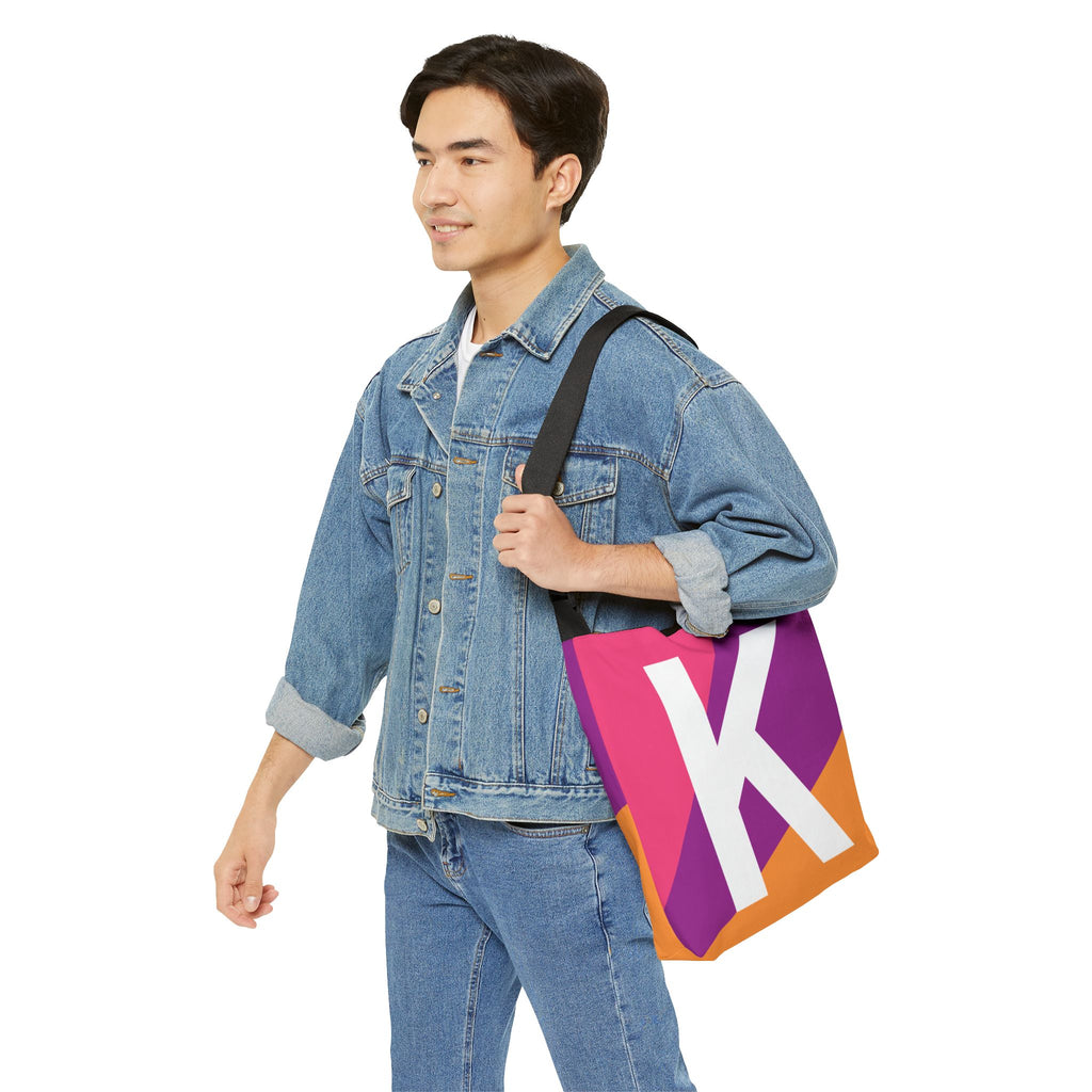 Initial Letter 'K' Colorblock Adjustable Tote Bag — Monogram Alphabet Shoulder Bag