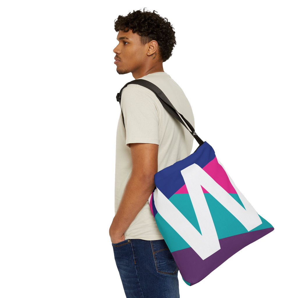 Initial Letter 'W' Colorblock Adjustable Tote Bag — Monogram Alphabet Shoulder Bag