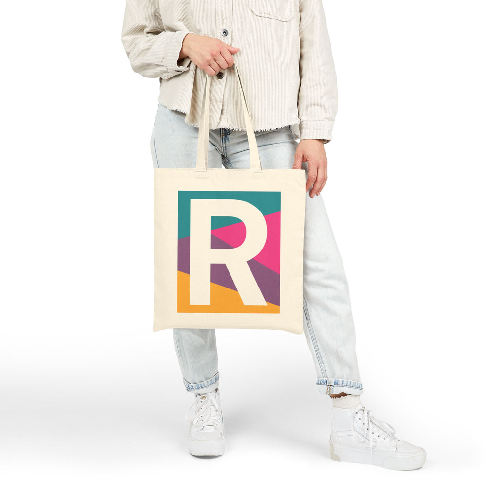 Initial R Colorblock Canvas Tote Bag — Monogram Letter R Reusable Grocery Tote