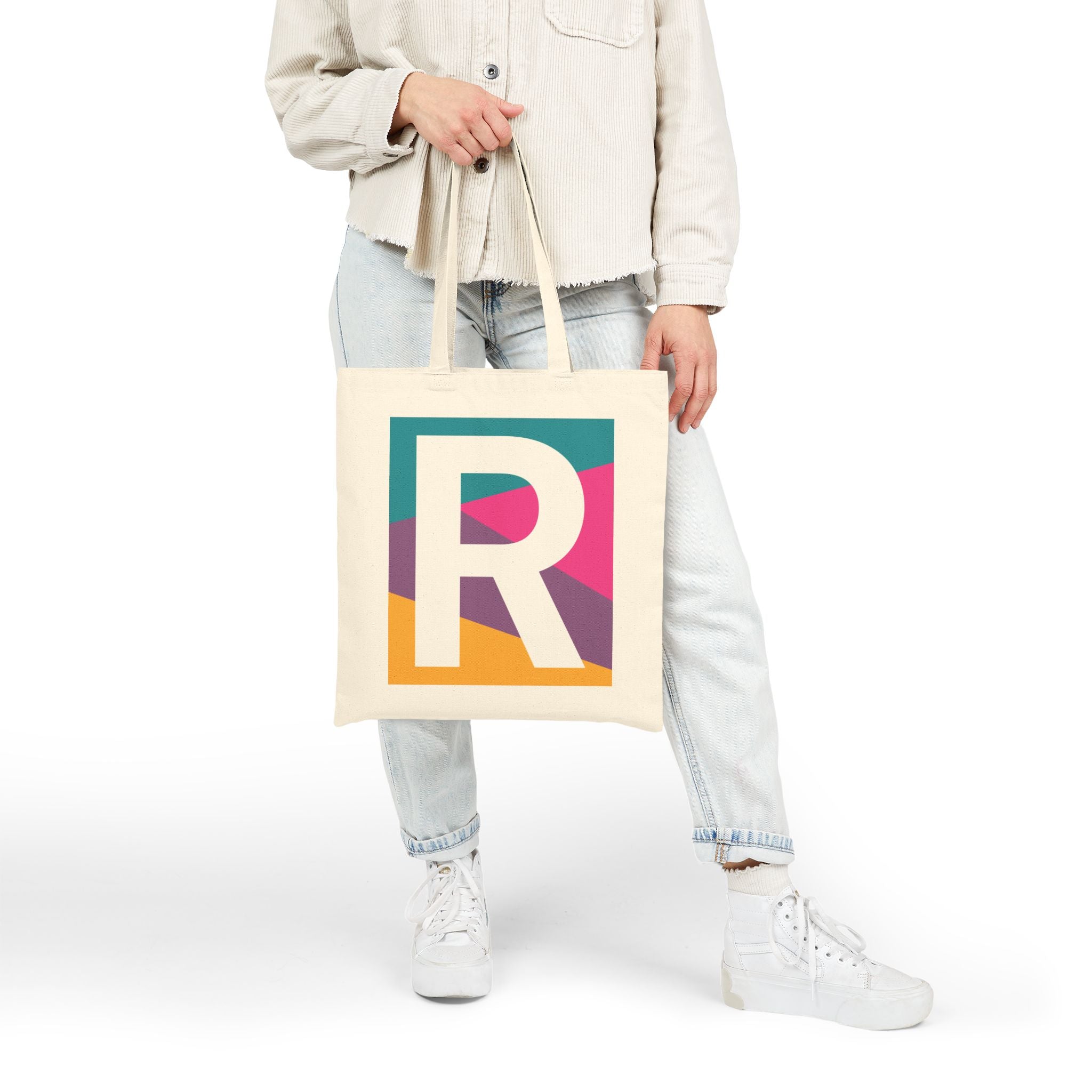 Initial R Colorblock Canvas Tote Bag — Monogram Letter R Reusable Grocery Tote