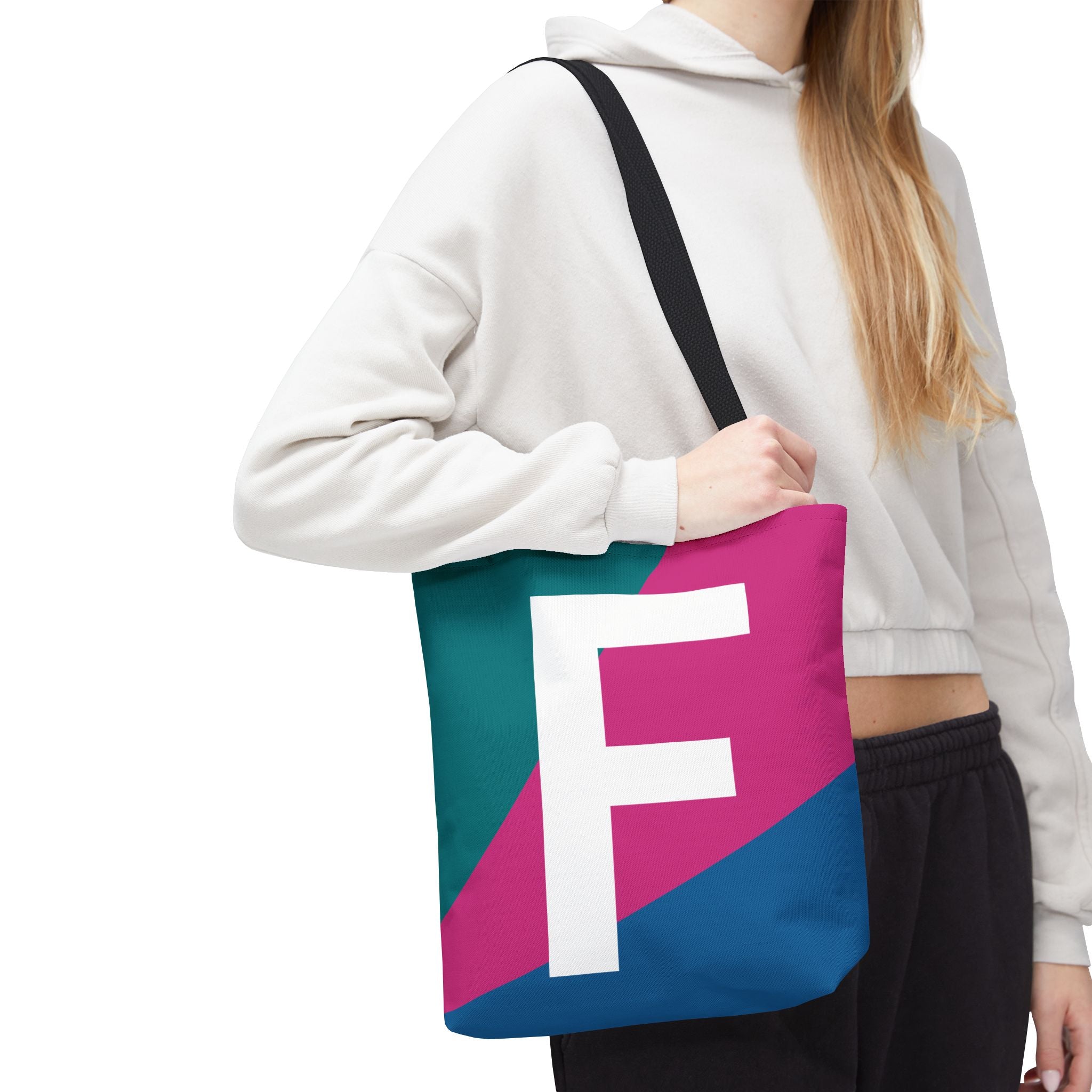 Monogram 'F' Colorblock Tote Bag — Personalized Initial F Shoulder Tote