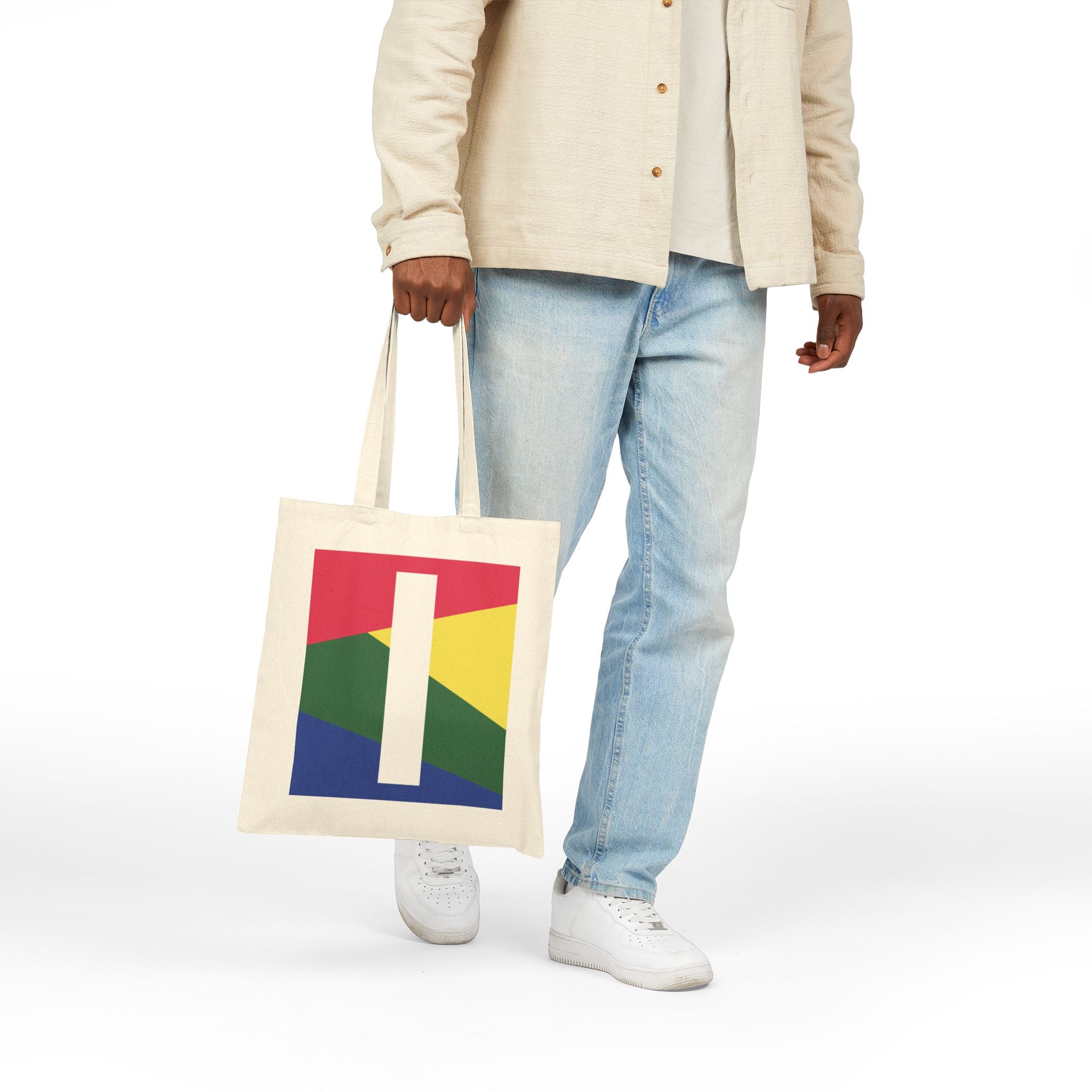 Initial I Colorblock Canvas Tote Bag — Monogram Letter I Reusable Grocery Tote