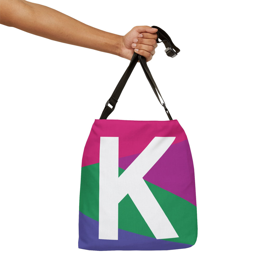 Initial Letter 'K' Colorblock Adjustable Tote Bag — Monogram Alphabet Shoulder Bag
