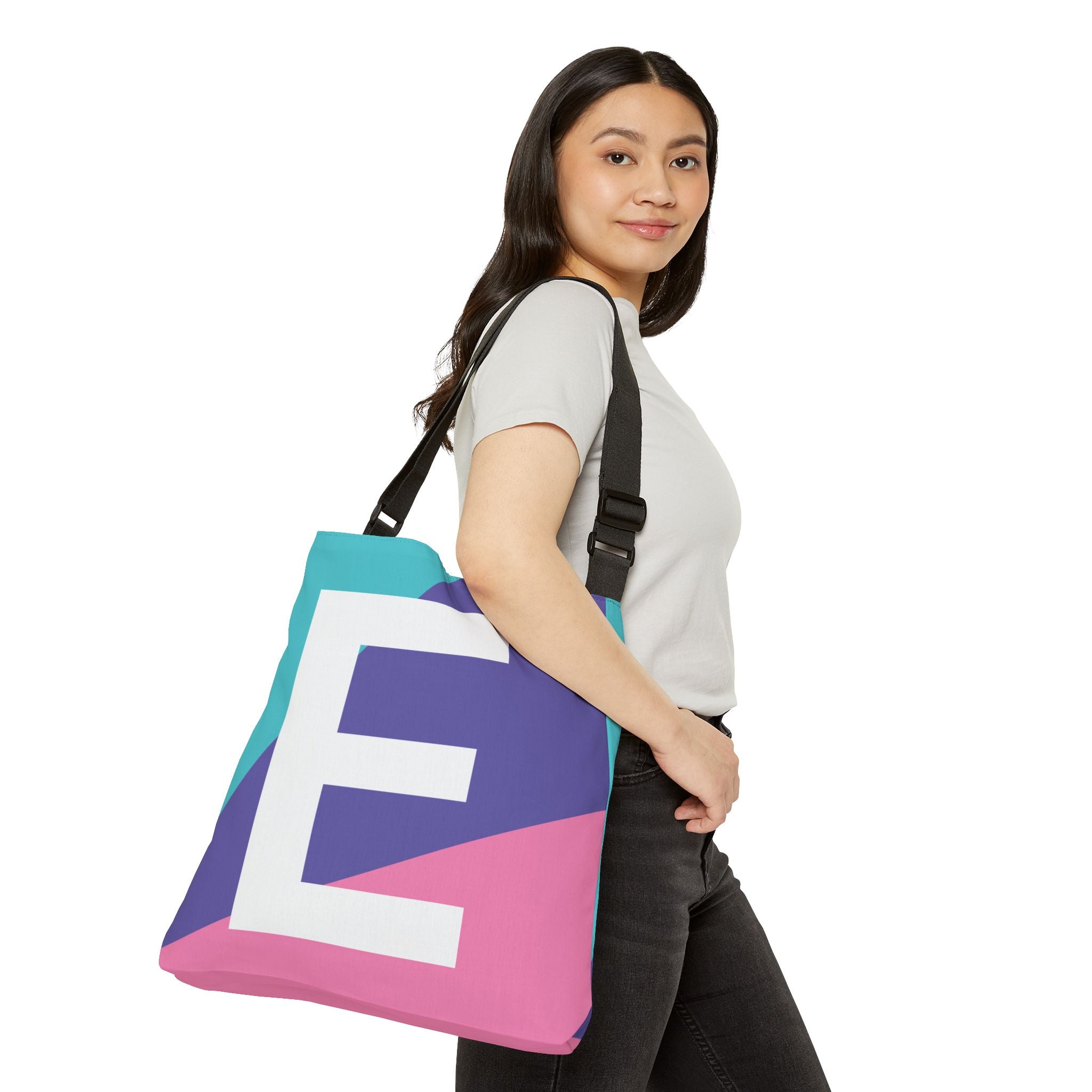 Initial Letter 'E' Colorblock Adjustable Tote Bag — Monogram Alphabet Shoulder Bag