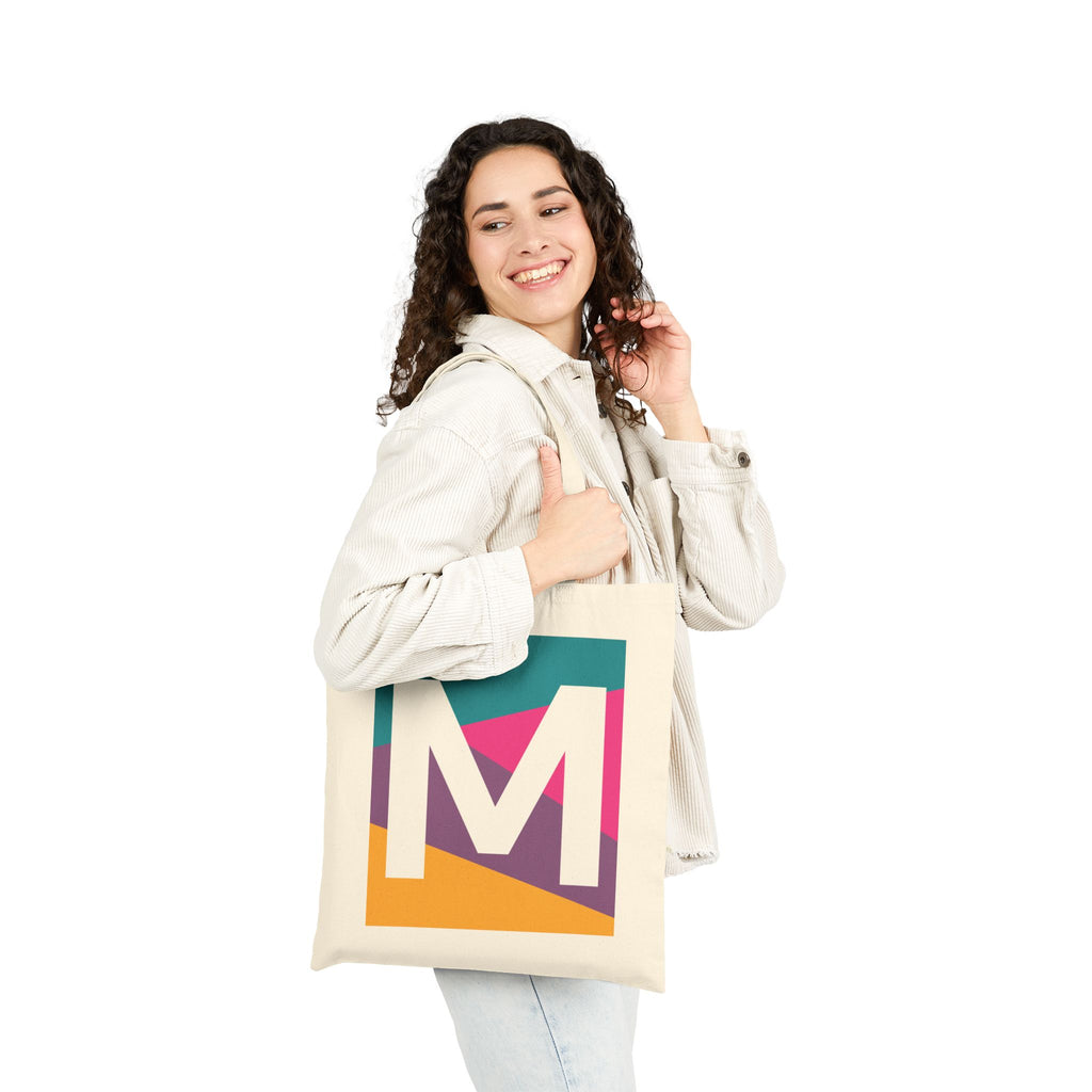 Initial M Colorblock Canvas Tote Bag — Monogram Letter M Reusable Grocery Tote