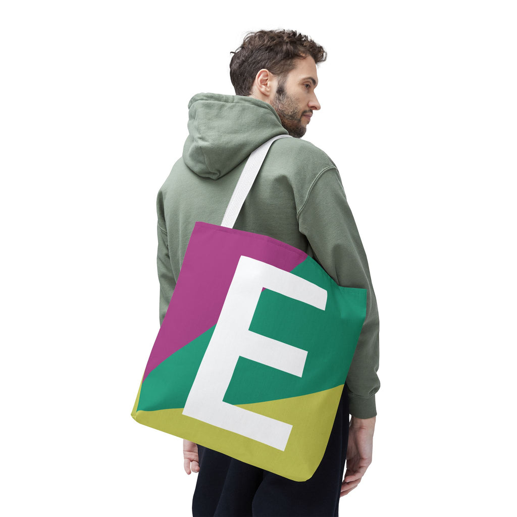 Monogram 'E' Colorblock Tote Bag — Personalized Initial E Shoulder Tote