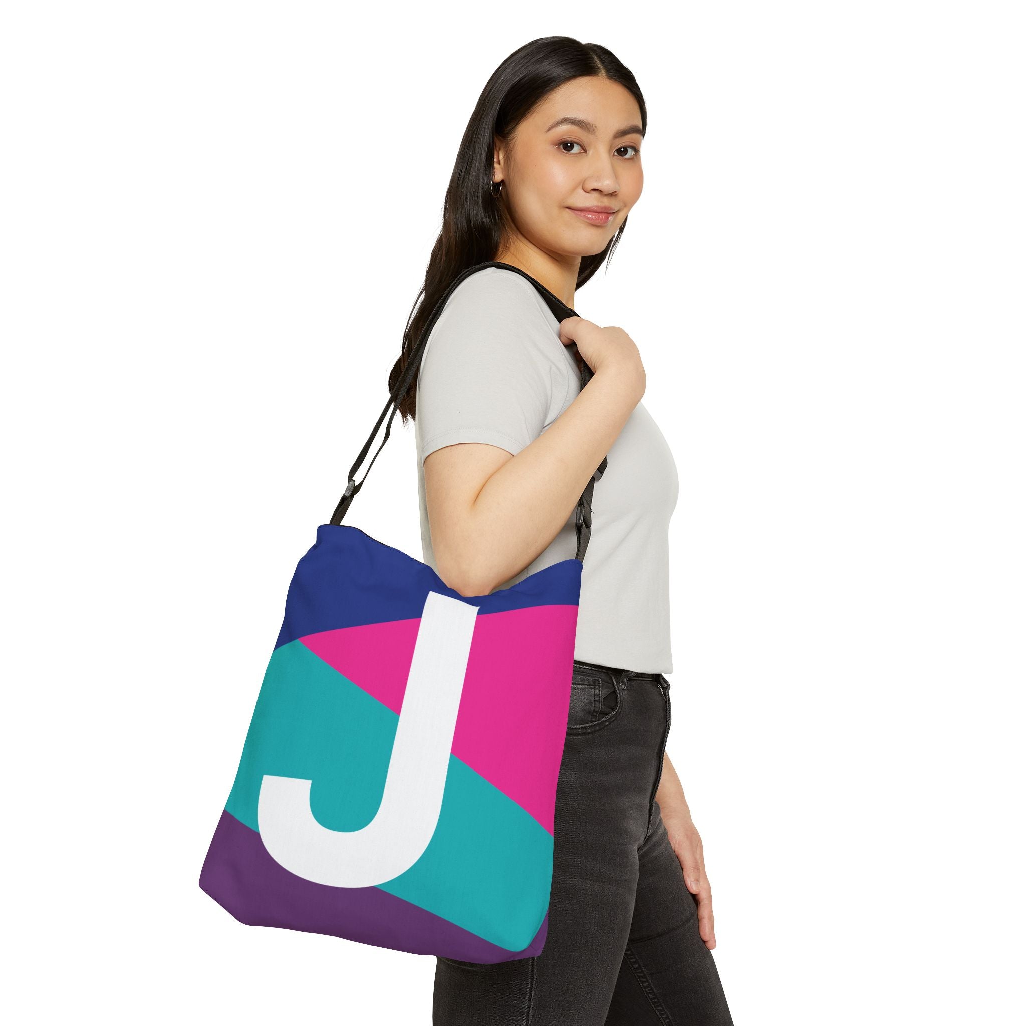 Initial Letter 'J' Colorblock Adjustable Tote Bag — Monogram Alphabet Shoulder Bag