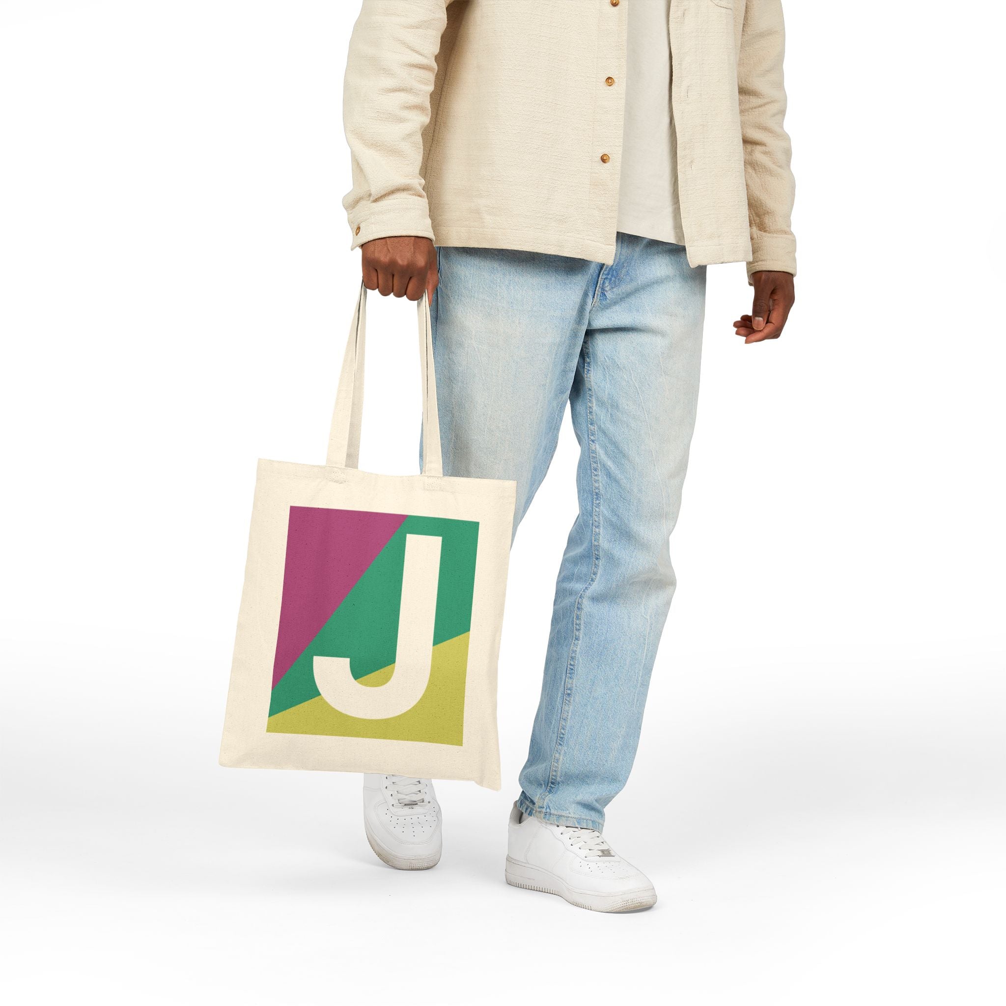 Initial J Colorblock Canvas Tote Bag — Monogram Letter J Reusable Grocery Tote