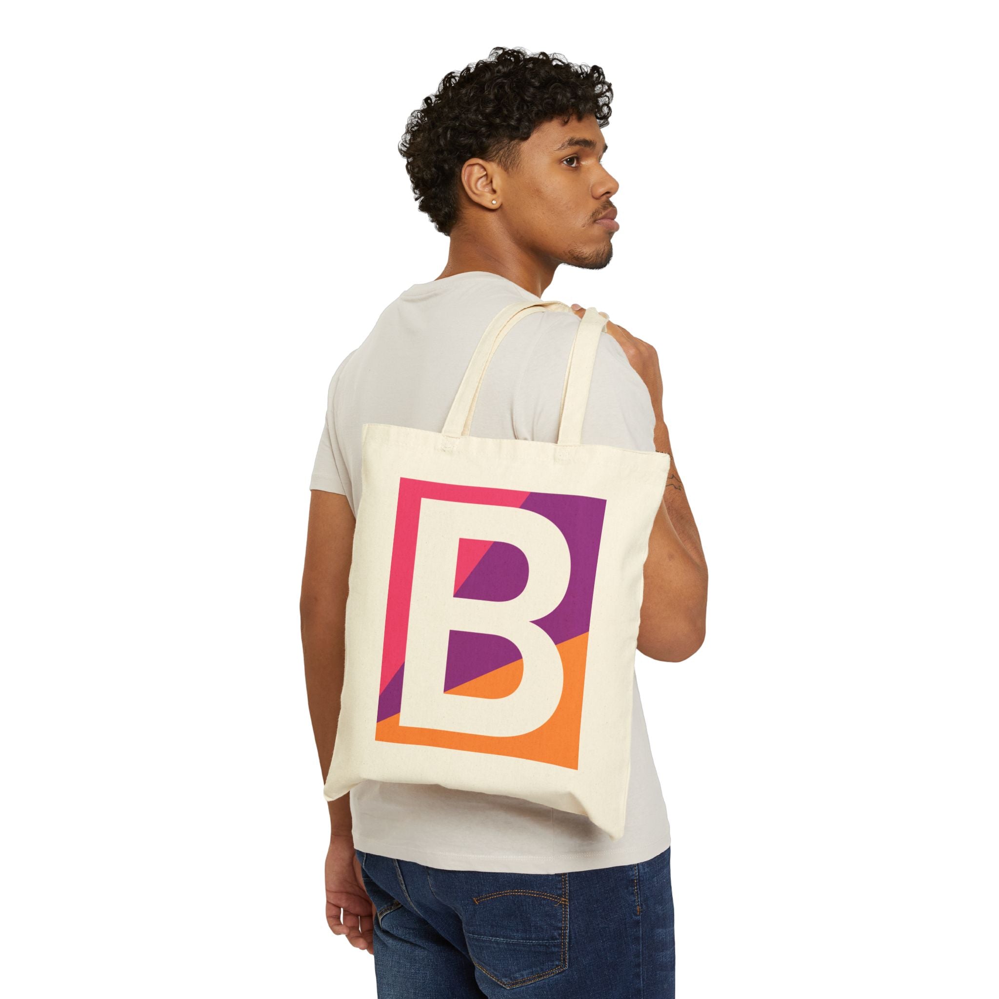 Initial B Colorblock Canvas Tote Bag — Monogram Letter B Reusable Grocery Tote