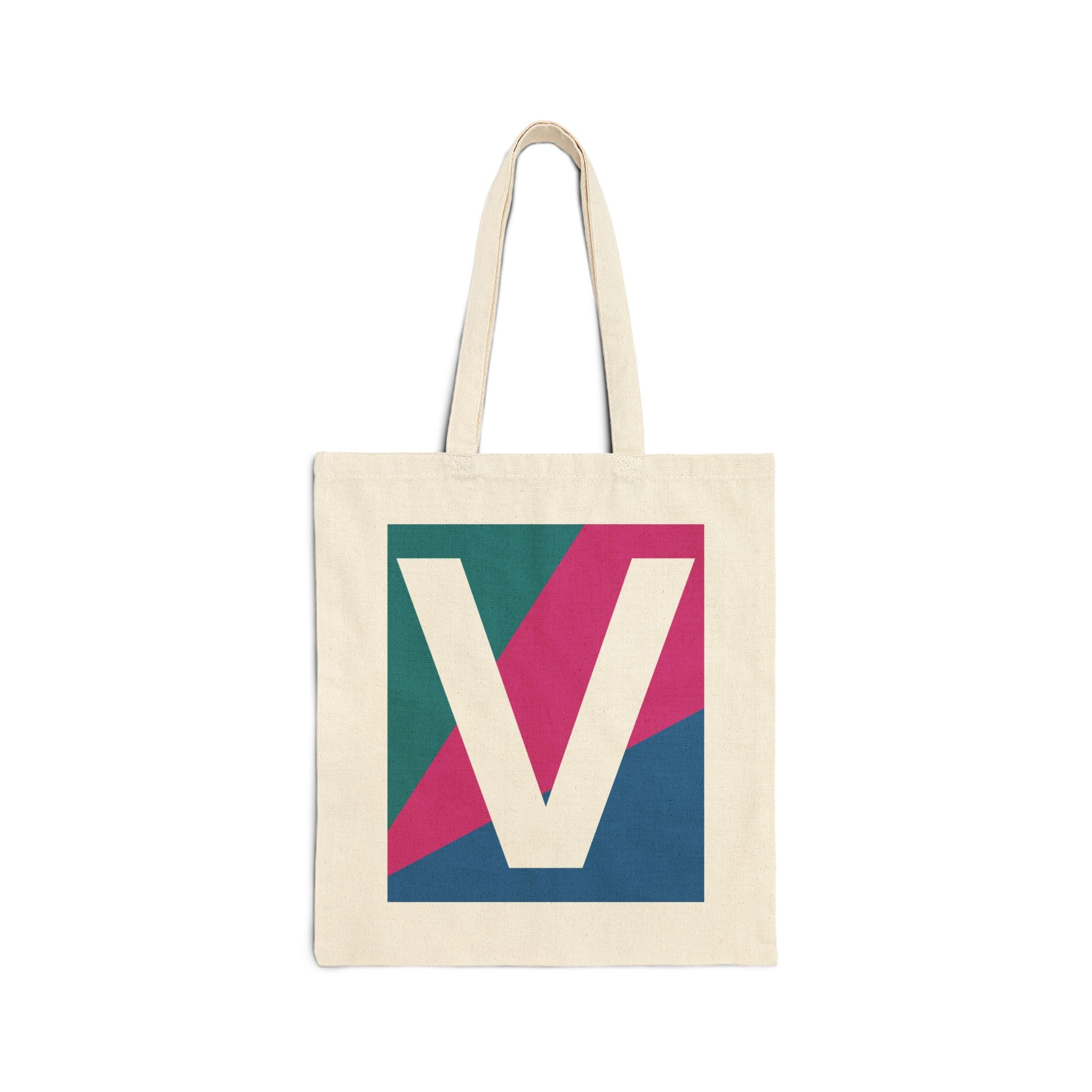 Initial V Colorblock Canvas Tote Bag — Monogram Letter V Reusable Grocery Tote
