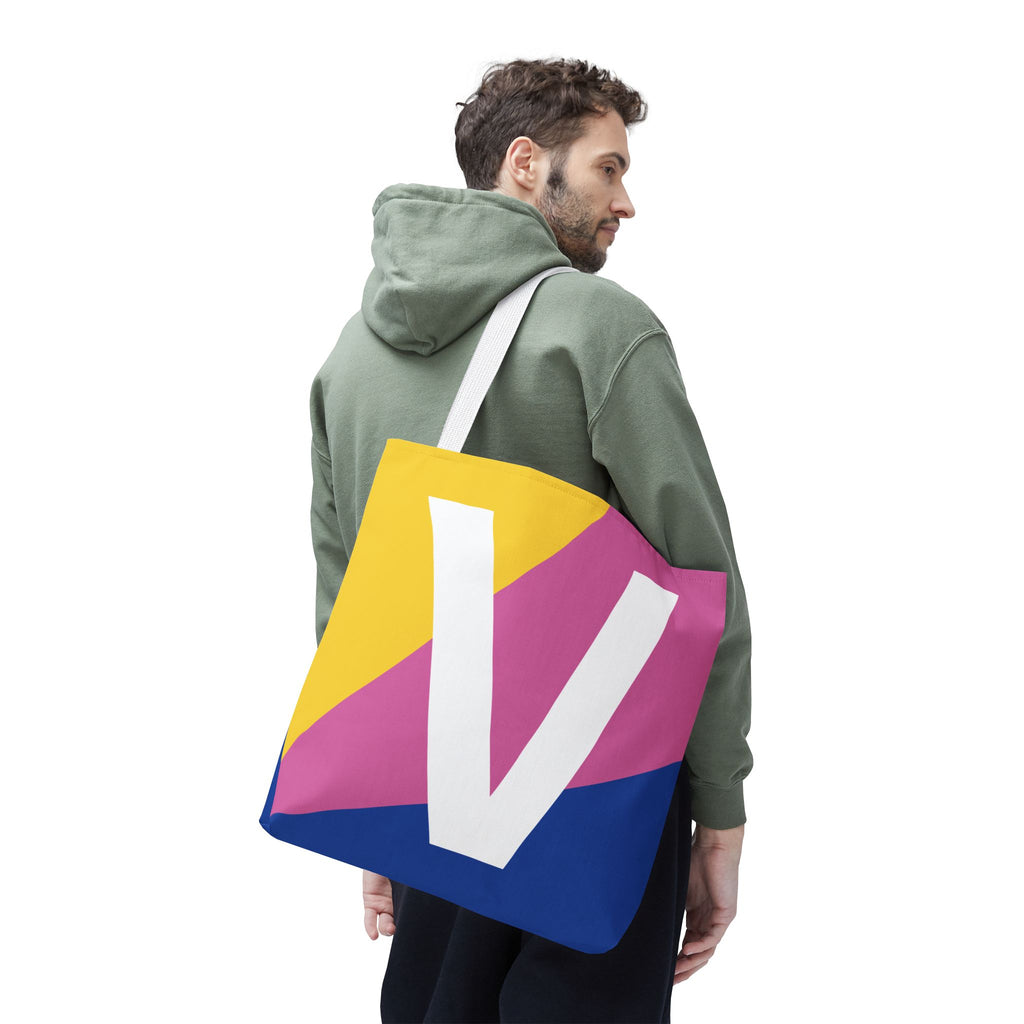 Monogram 'V' Colorblock Tote Bag — Personalized Initial V Shoulder Tote