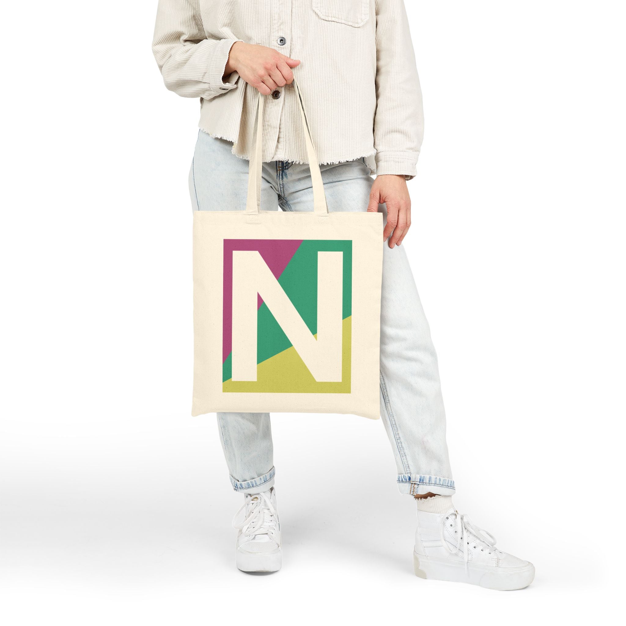 Initial N Colorblock Canvas Tote Bag — Monogram Letter N Reusable Grocery Tote