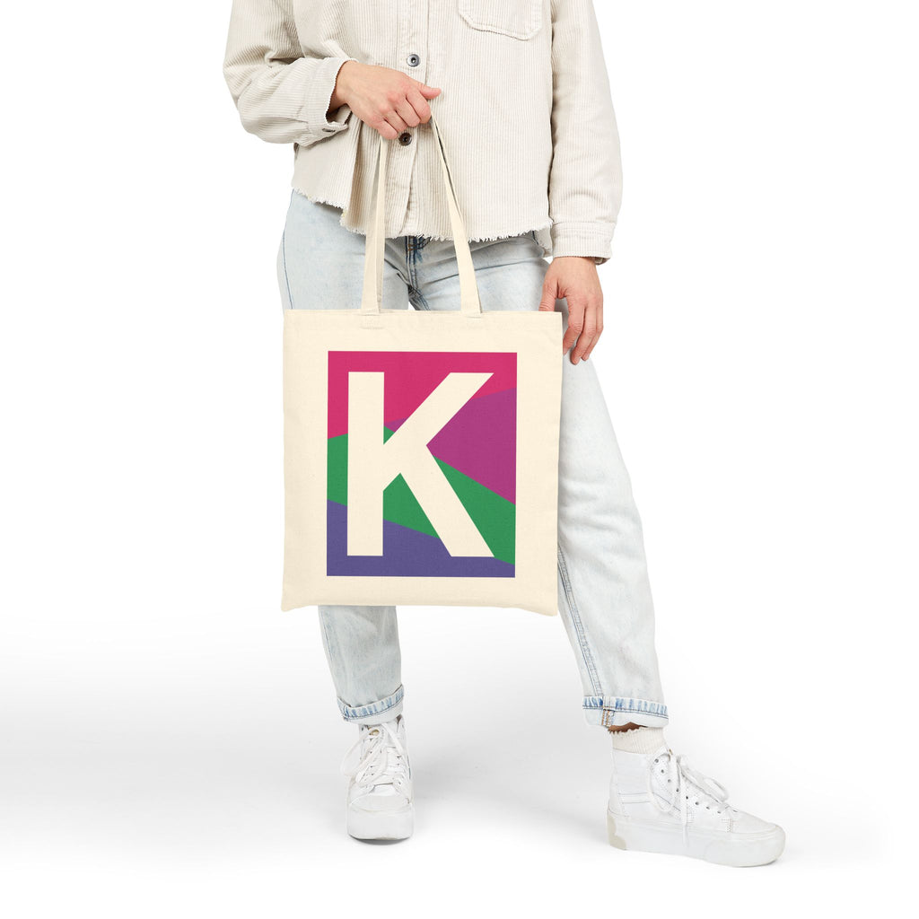 Initial K Colorblock Canvas Tote Bag — Monogram Letter K Reusable Grocery Tote