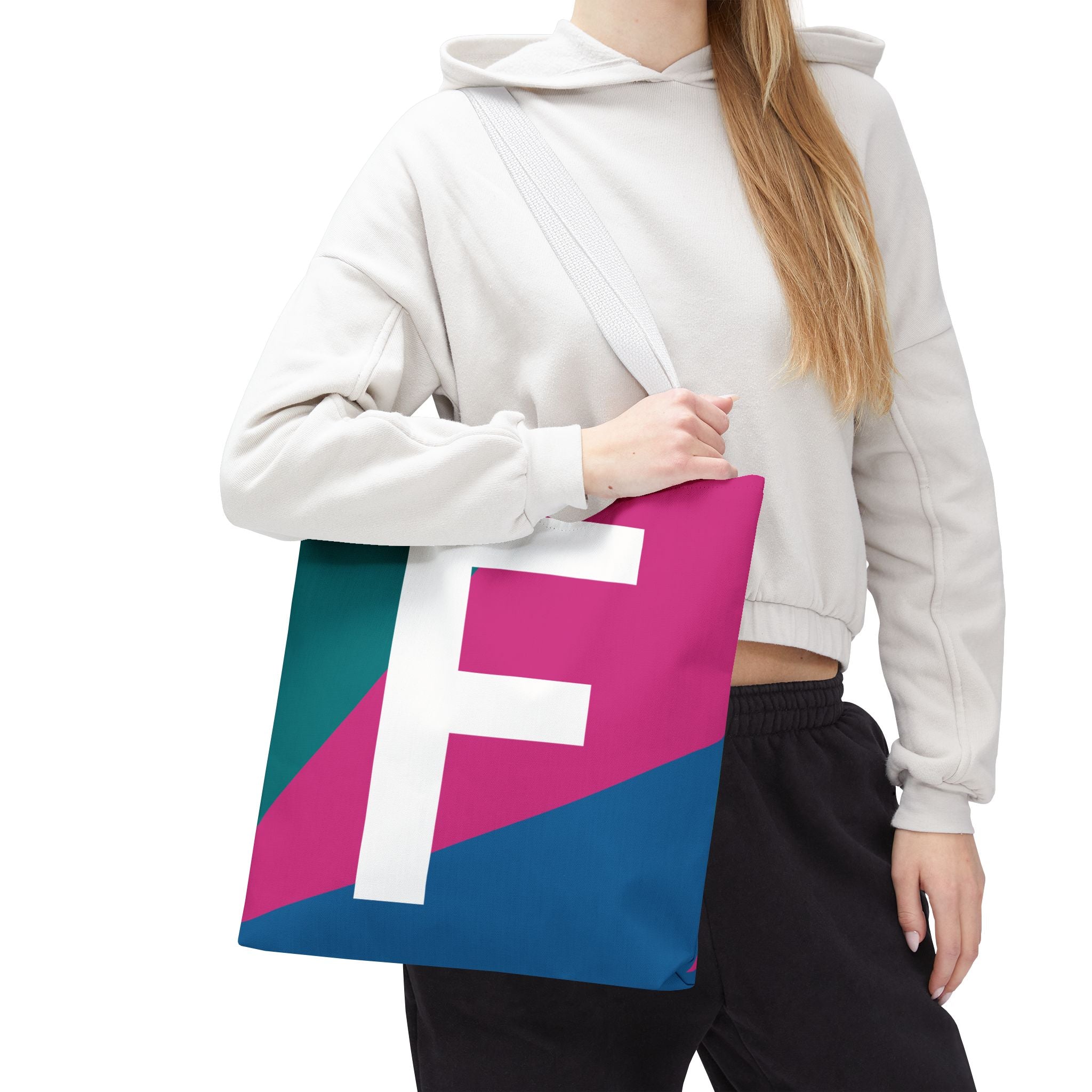 Monogram 'F' Colorblock Tote Bag — Personalized Initial F Shoulder Tote