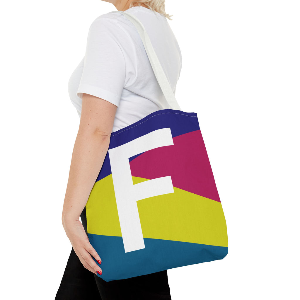 Monogram 'F' Colorblock Tote Bag — Personalized Initial F Shoulder Tote