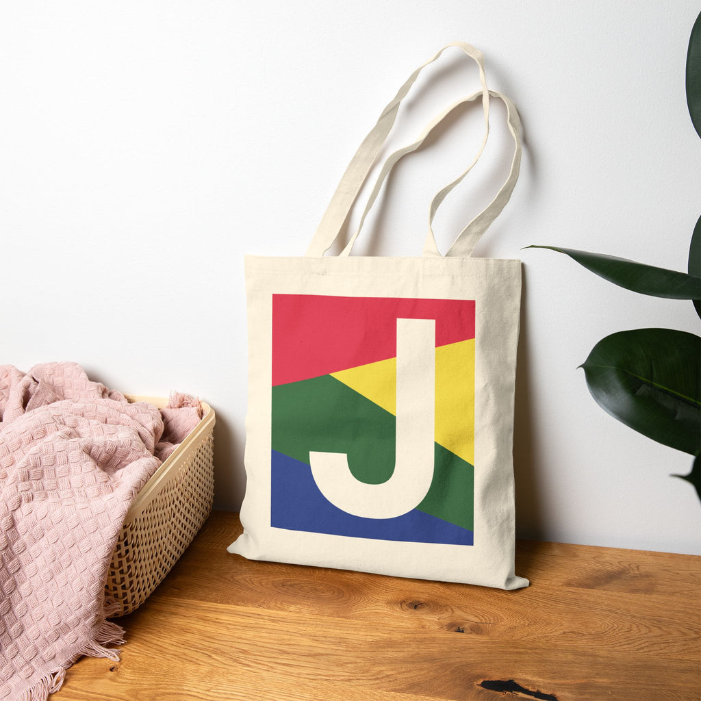 Initial J Colorblock Canvas Tote Bag — Monogram Letter J Reusable Grocery Tote