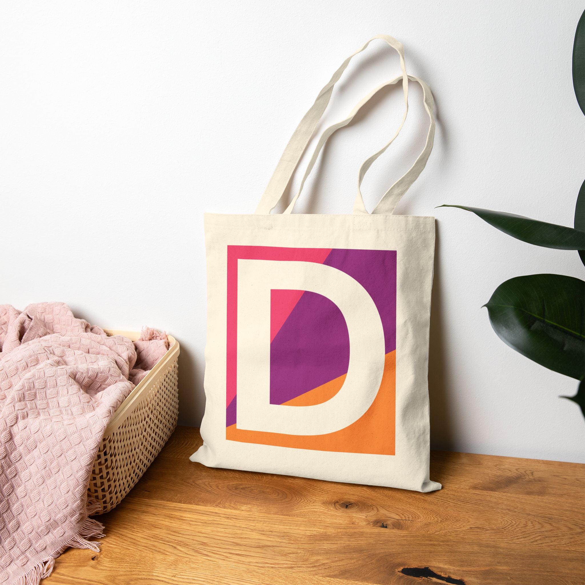 Initial D Colorblock Canvas Tote Bag — Monogram Letter D Reusable Grocery Tote