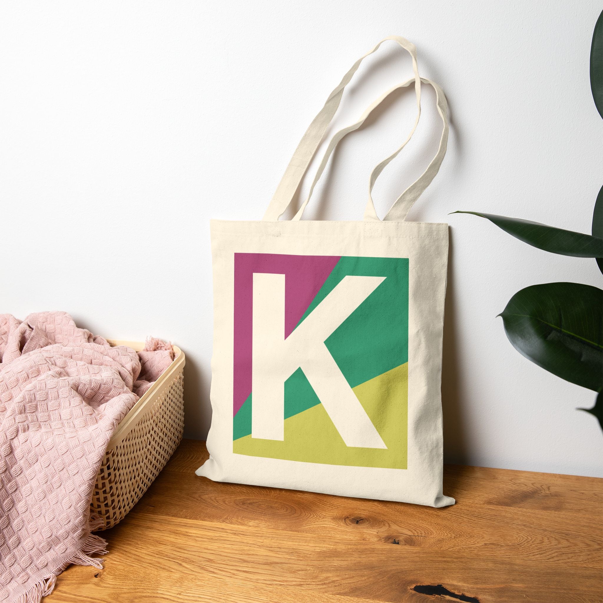 Initial K Colorblock Canvas Tote Bag — Monogram Letter K Reusable Grocery Tote