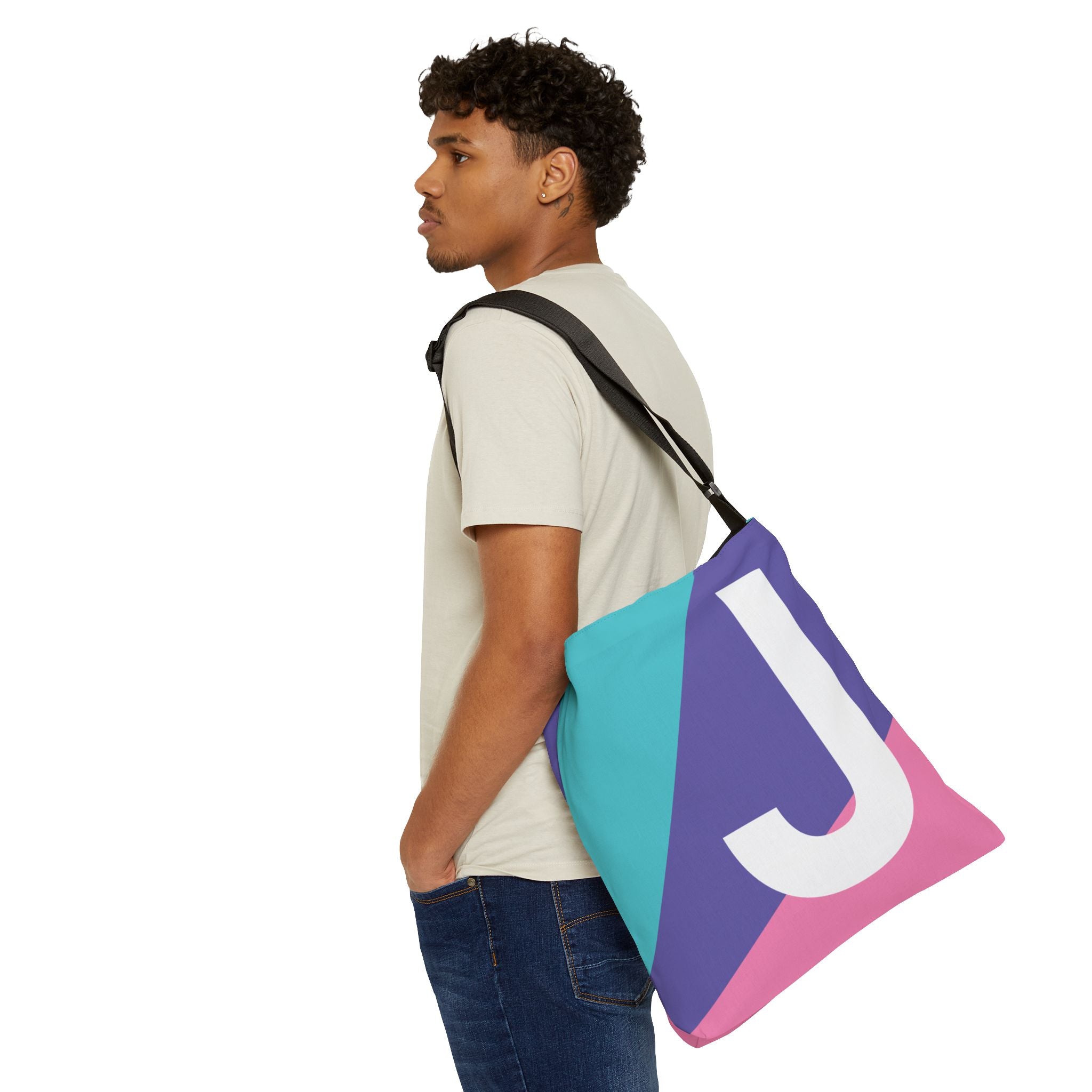 Initial Letter 'J' Colorblock Adjustable Tote Bag — Monogram Alphabet Shoulder Bag