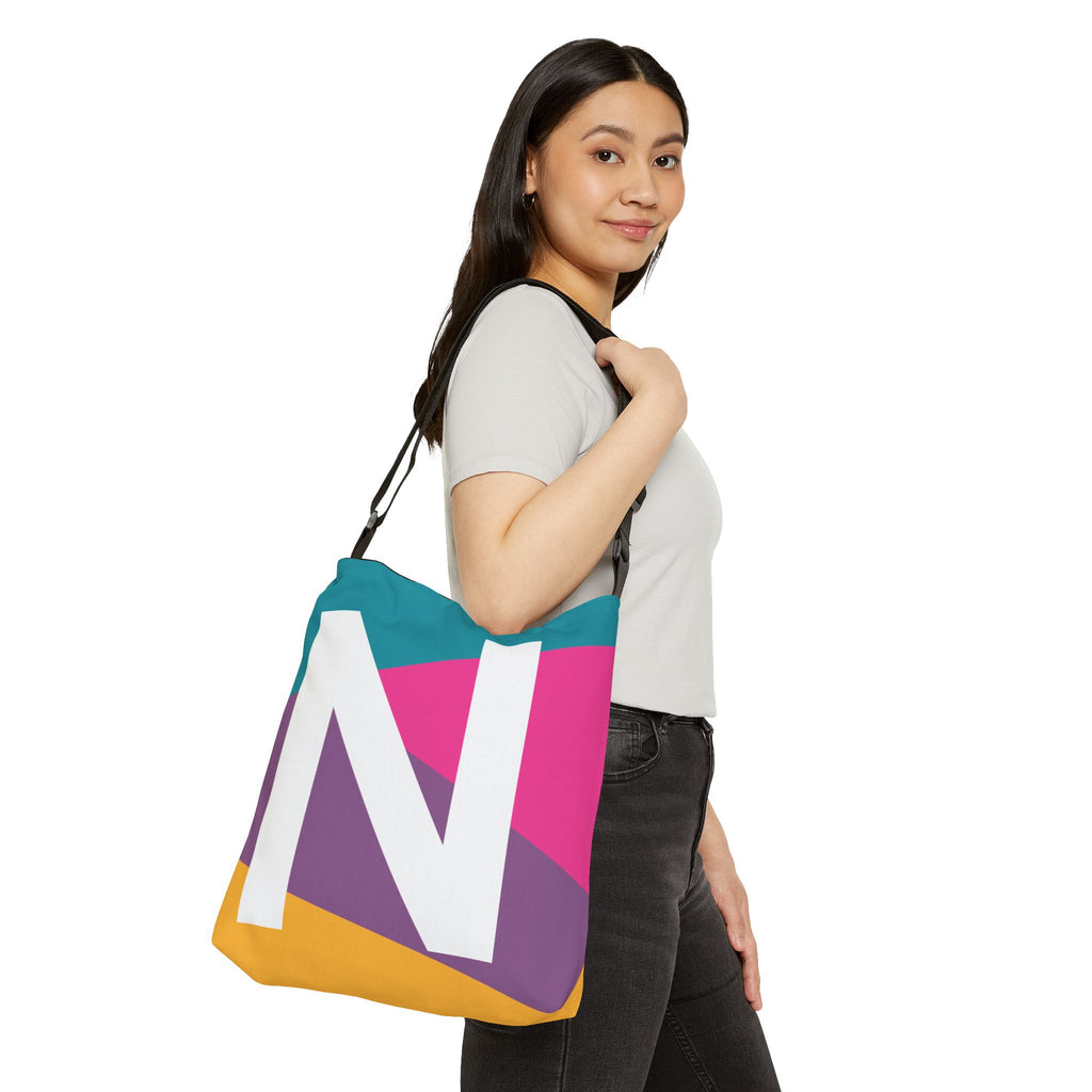 Initial Letter 'N' Colorblock Adjustable Tote Bag — Monogram Alphabet Shoulder Bag