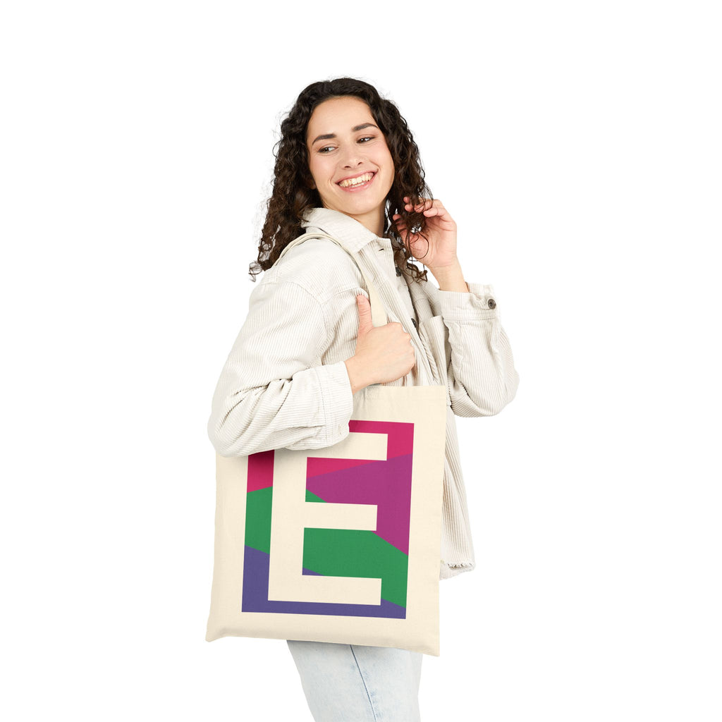 Initial E Colorblock Canvas Tote Bag — Monogram Letter E Reusable Grocery Tote