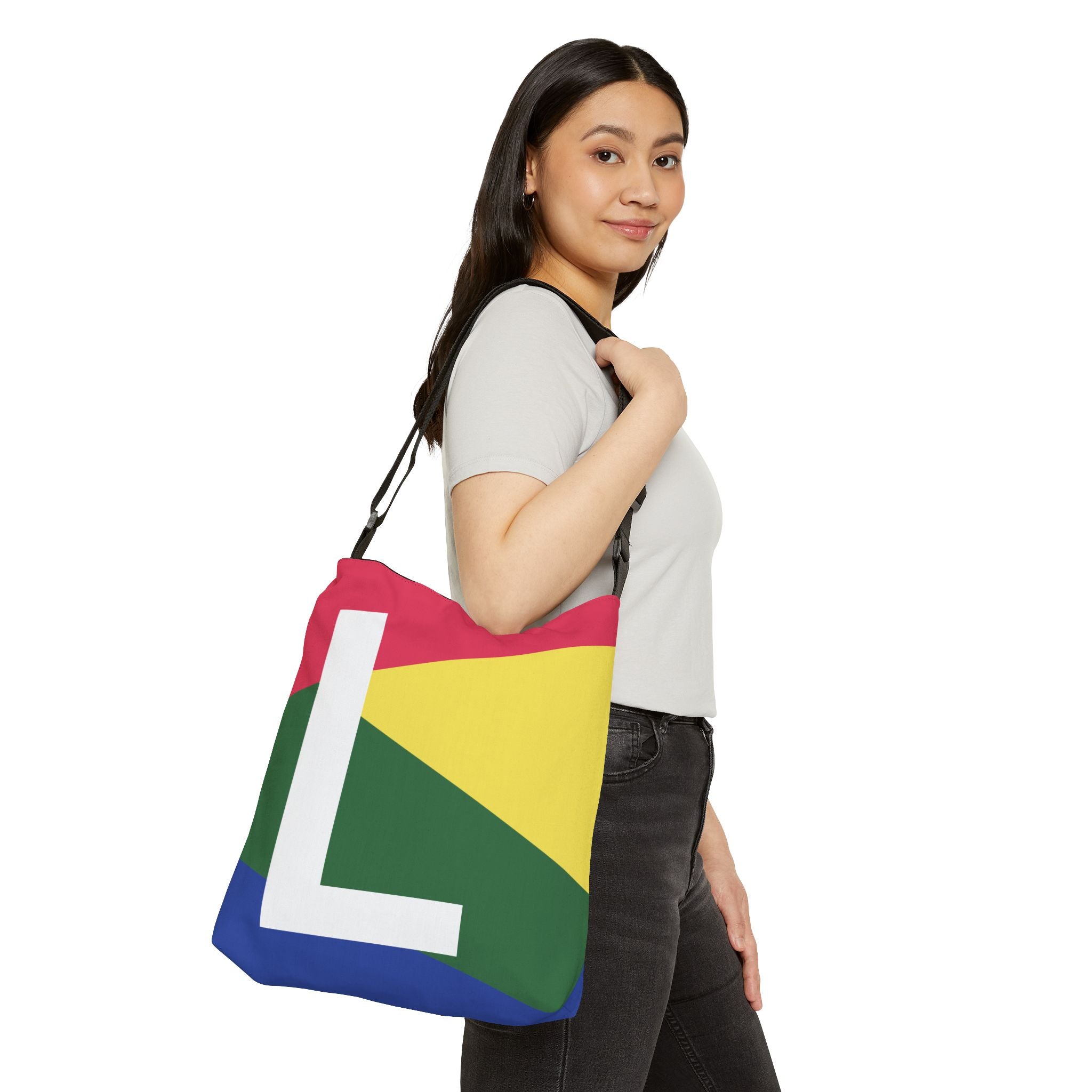 Initial Letter 'L' Colorblock Adjustable Tote Bag — Monogram Alphabet Shoulder Bag